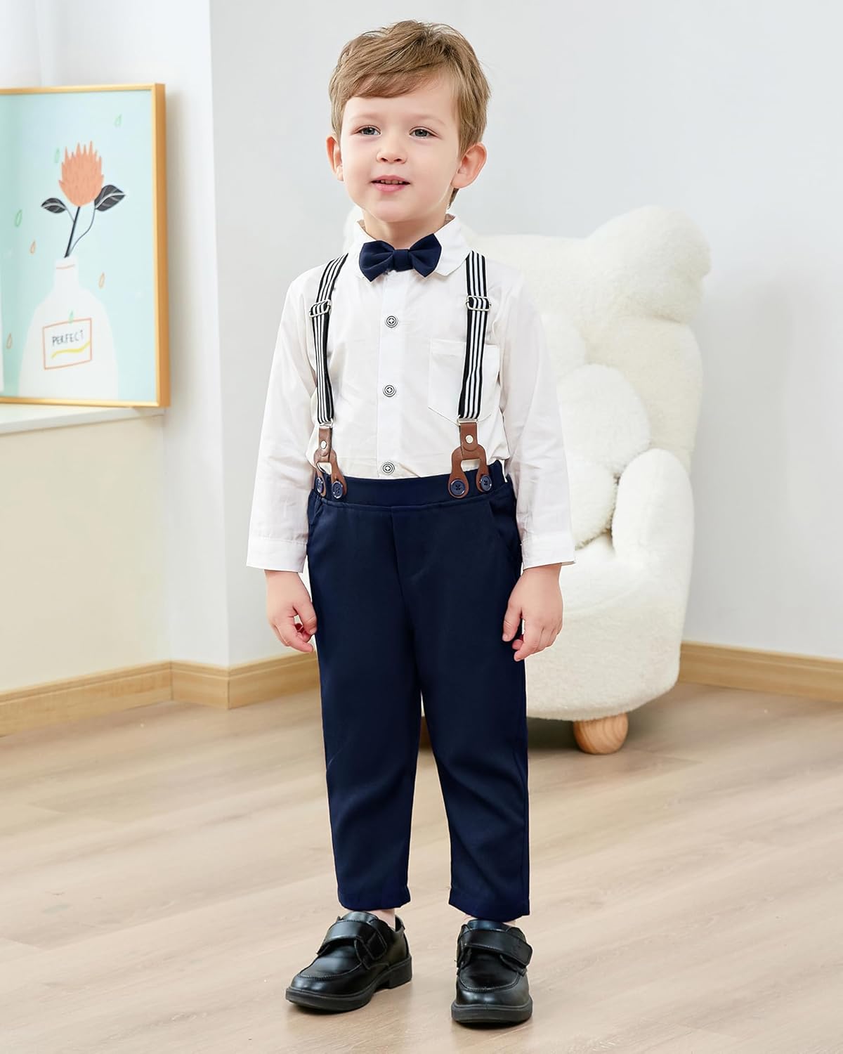 YALLET Boy Clothes Suits, Formal Dress Shirt with Bowtie+Vest+Suspender Pants Big Kid Gentleman Wedding Outfits 6-10 Years - Image 3