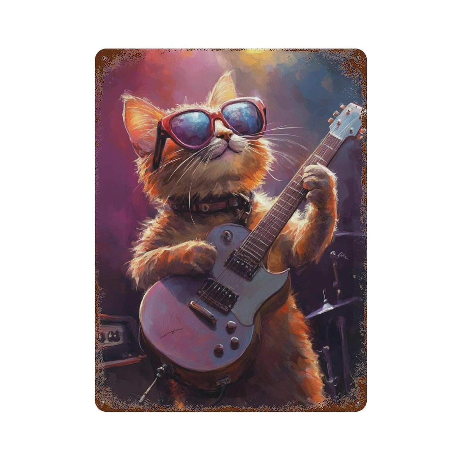 Rust Effect Rock Star Kitten Guitar -2 Rustic Tin Plaque 15.7"x11.8", Old School Wall Decor for Shed, Workshop And Garage Wall Decor