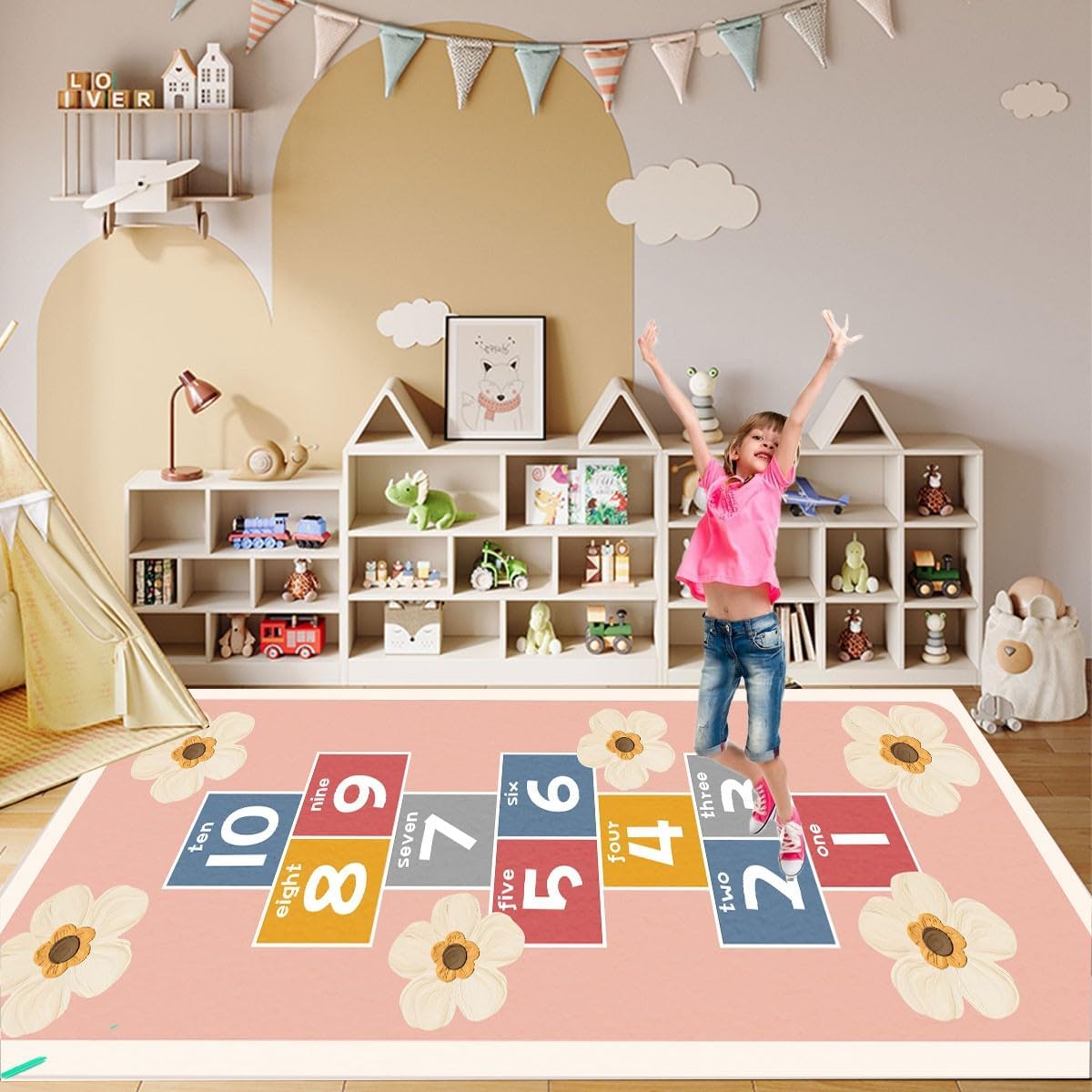 Hopscotch Rug for Kids - Non-Slip Indoor Play Mat for Boys & Girls 0-12, Classroom Rug for Kindergarten, Bedroom, Playroom(Pink, 2.6×5.9ft)