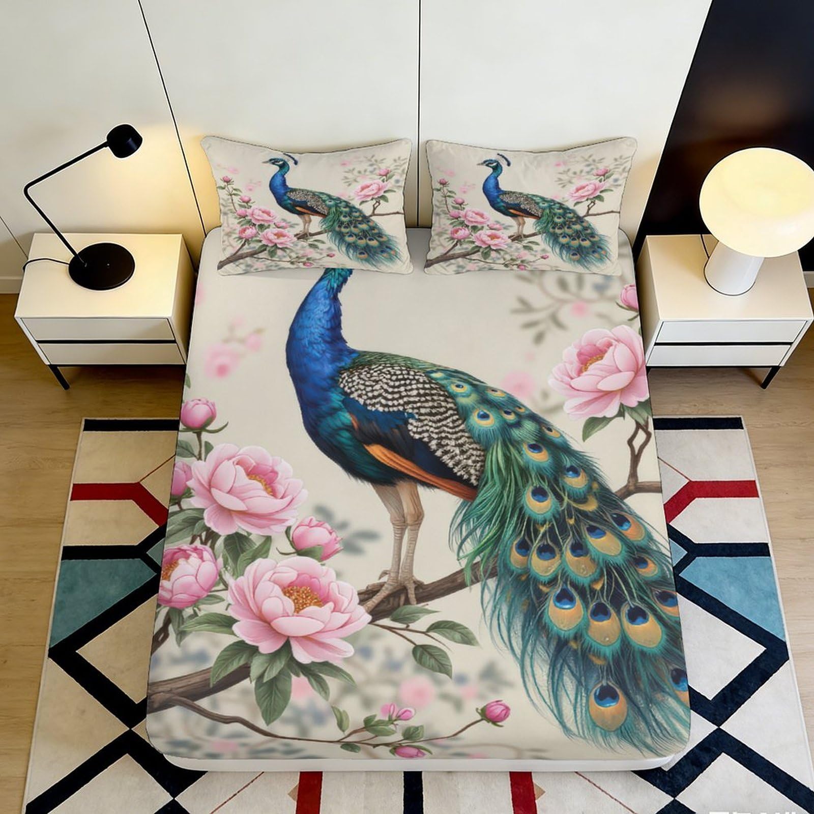 Kzqnxhjprl Style-8 3D Printed Peacock Floral Fitted Sheet Microfiber Soft Anti-Slip Bed Sheet For Bedroom Guestroom Home Decor 90X200x25cm