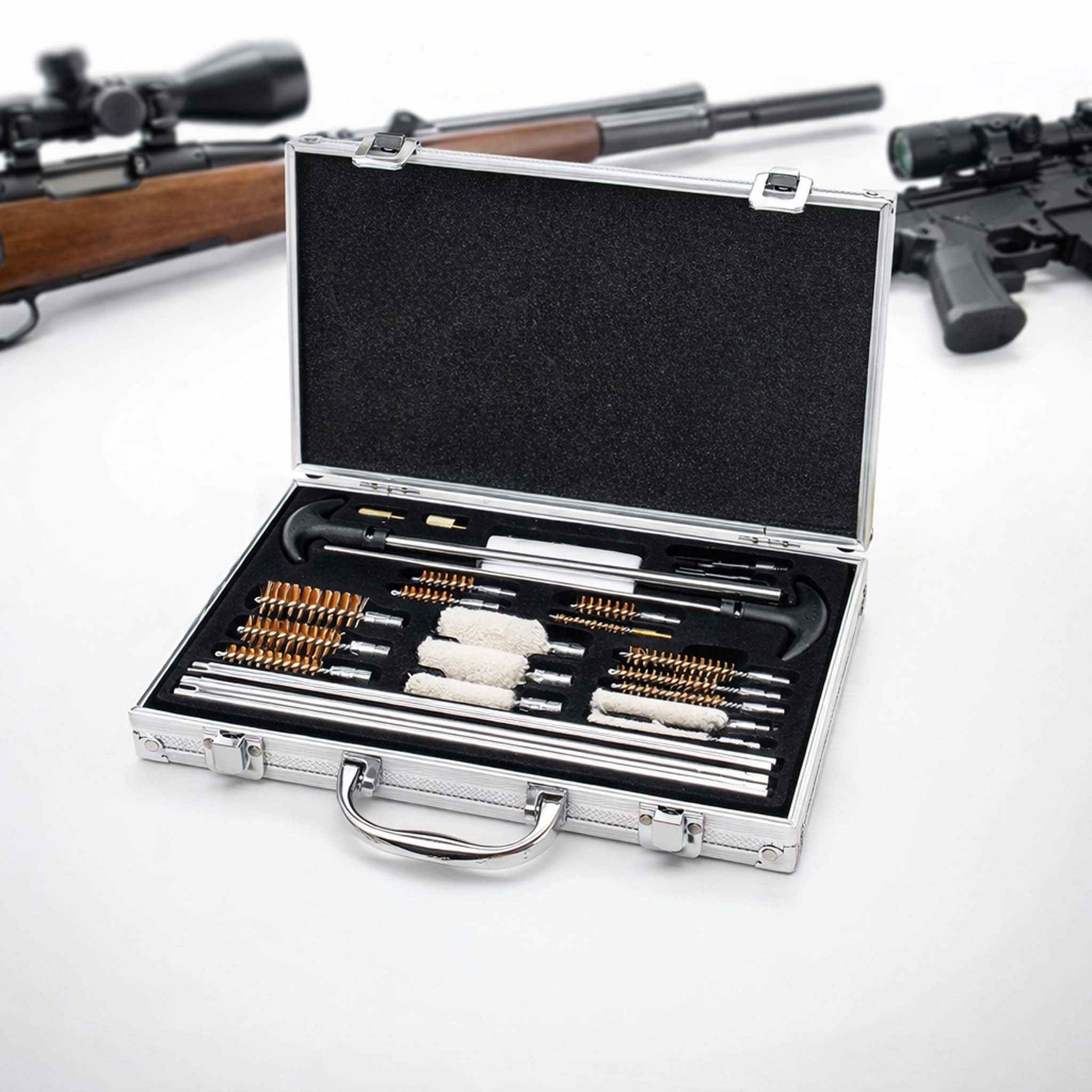 WilTec Set de Limpieza de Armas 100 Piezas en maletín de Transporte Rifles Escopetas Pistolas Caza Armerías