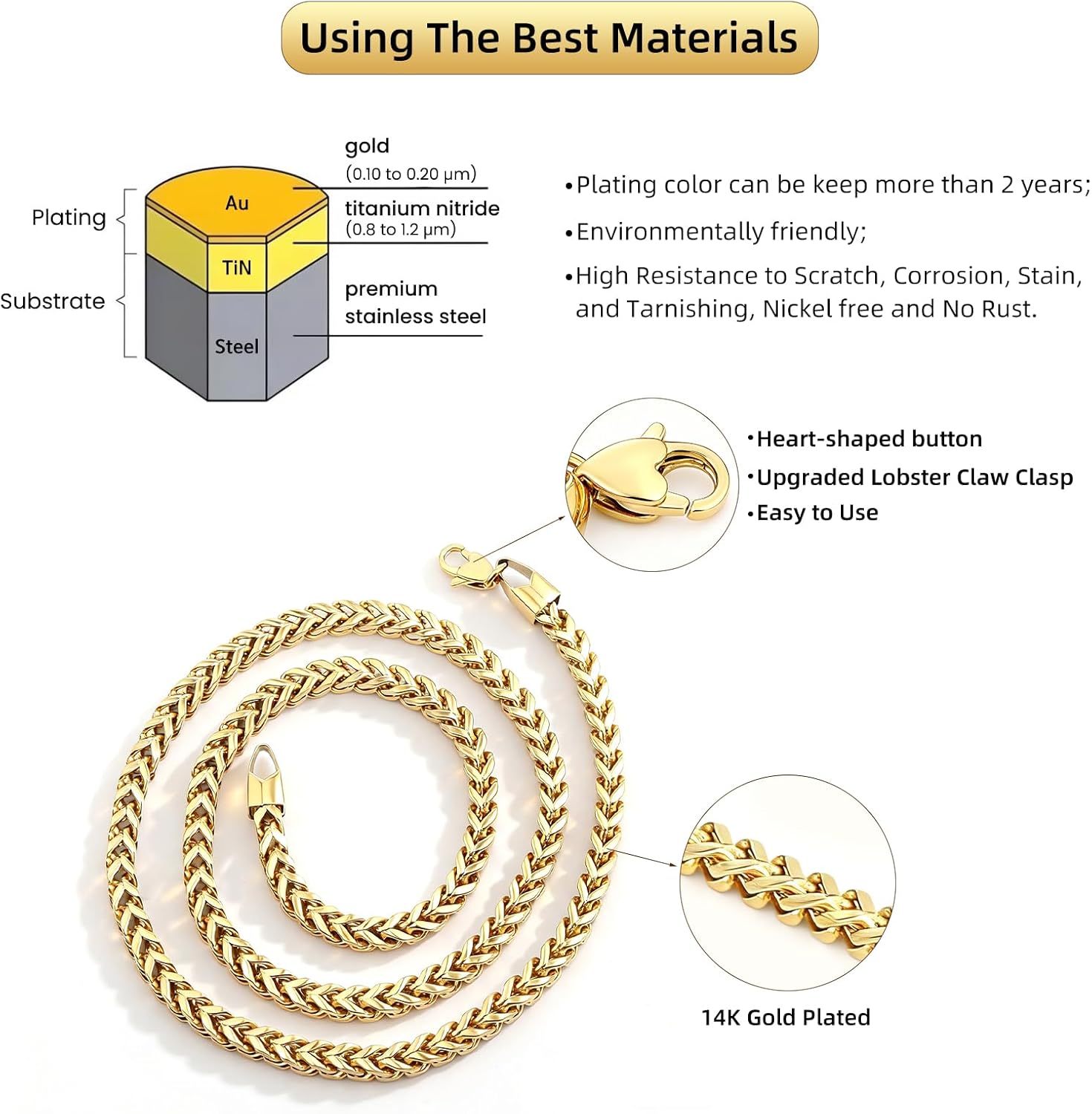 Stainless Steel 14K Gold/Silver Box Chain for Men,3/4/5MM Necklace Chain for Men Women,Birthday Jewelry Gift with Box - Image 3