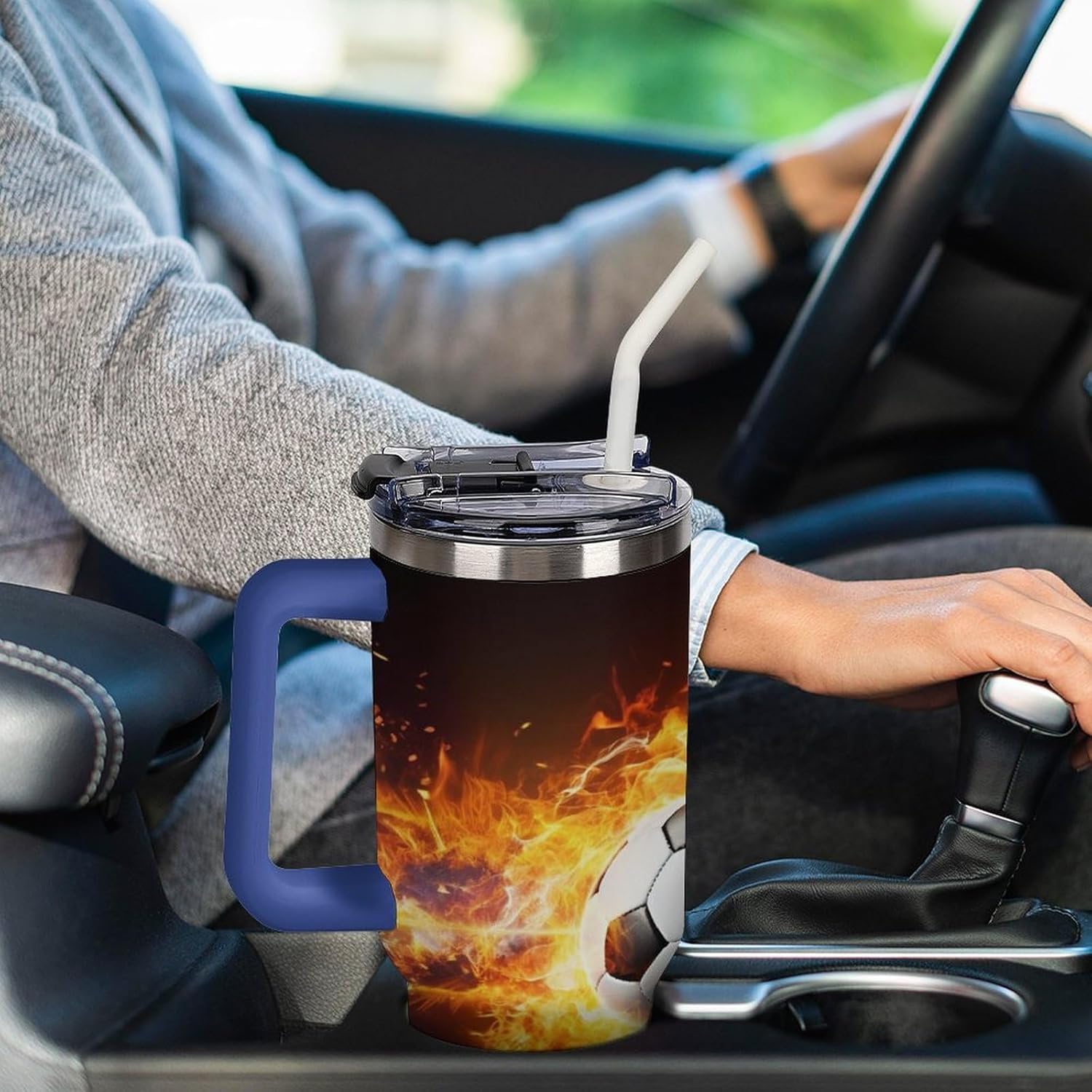 Burning Soccer Ball Travel Coffee Mug Reusable Durable Stainless Steel Insulated Tumbler with Handle And Straw Leak Resistant Portable Thermal Cup Gifts for Men Women 40 Oz