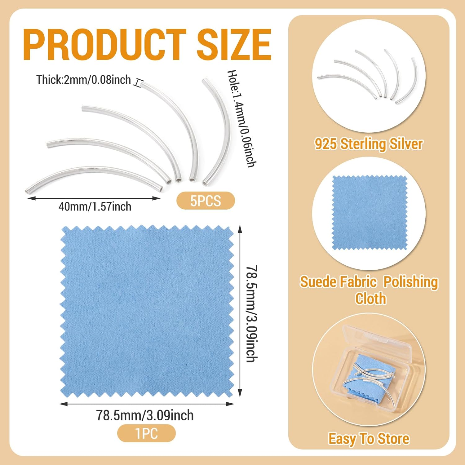 FASHEWELRY 5Pcs 925 Sterling Silver Tube Beads 40mm Curved Noodle Tube Beads Long Metal Spacer Bead for Jewelry Making DIY Necklace Bracelet Stacked Bangle