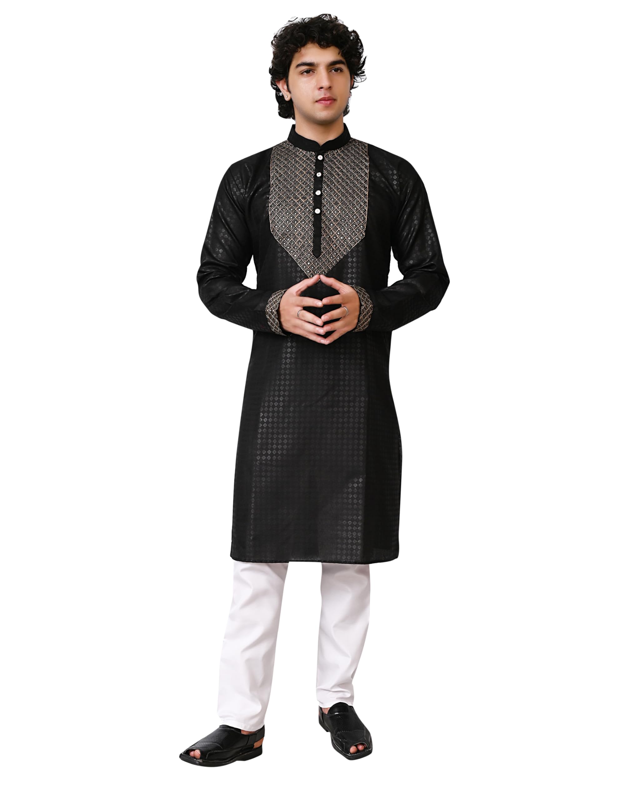 qtsy Men's Silk Blend Self Embroidered Textured Long Kurta Full Sleeves (Only Kurta)-picture-29