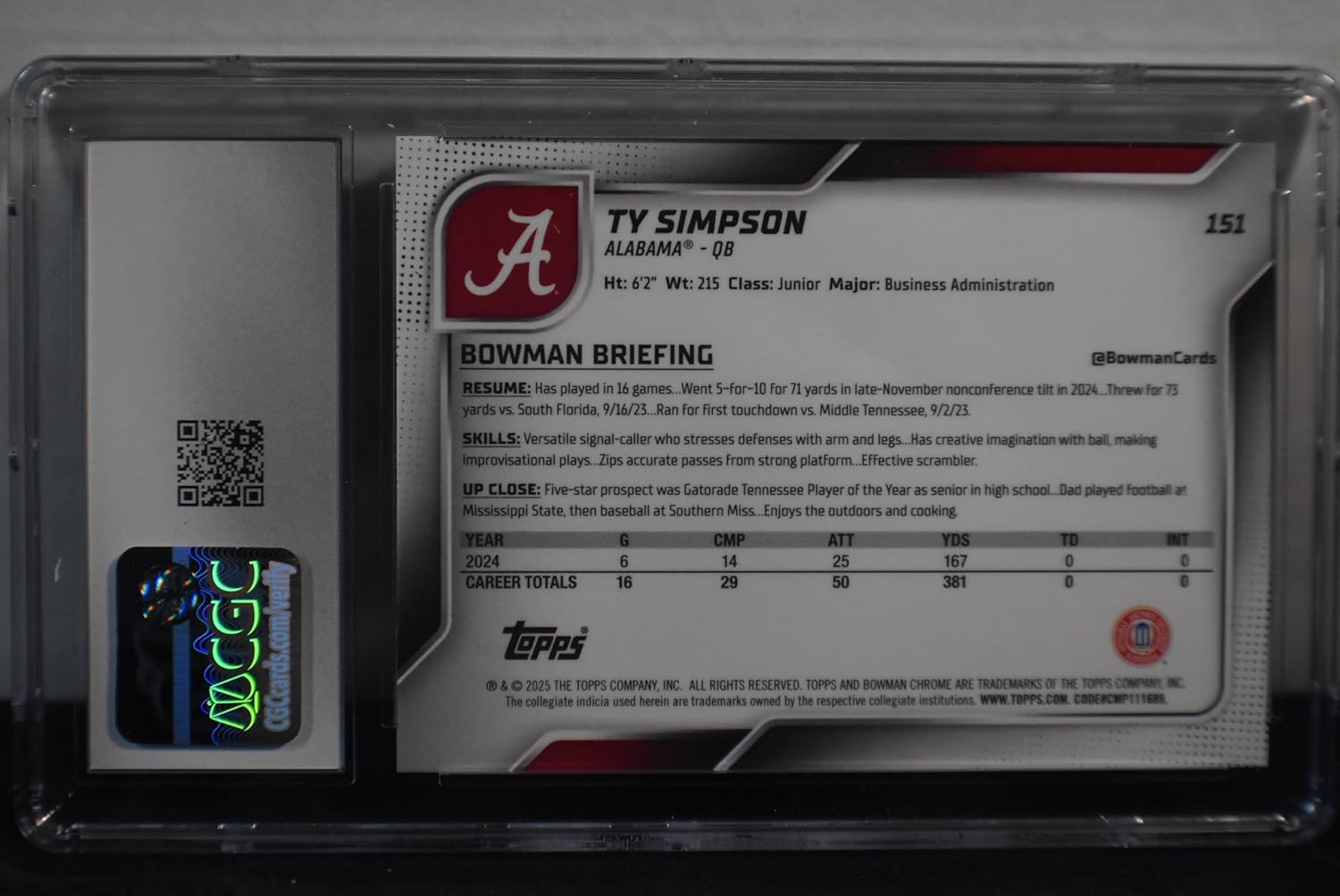 TY SIMPSON 2025 Bowman Chrome University Football #151 AQUA REFRACTOR PARALLEL Rookie Card RC #268 of only 325 Made! CGC Graded Mint 9 Alabama Crimson Tide