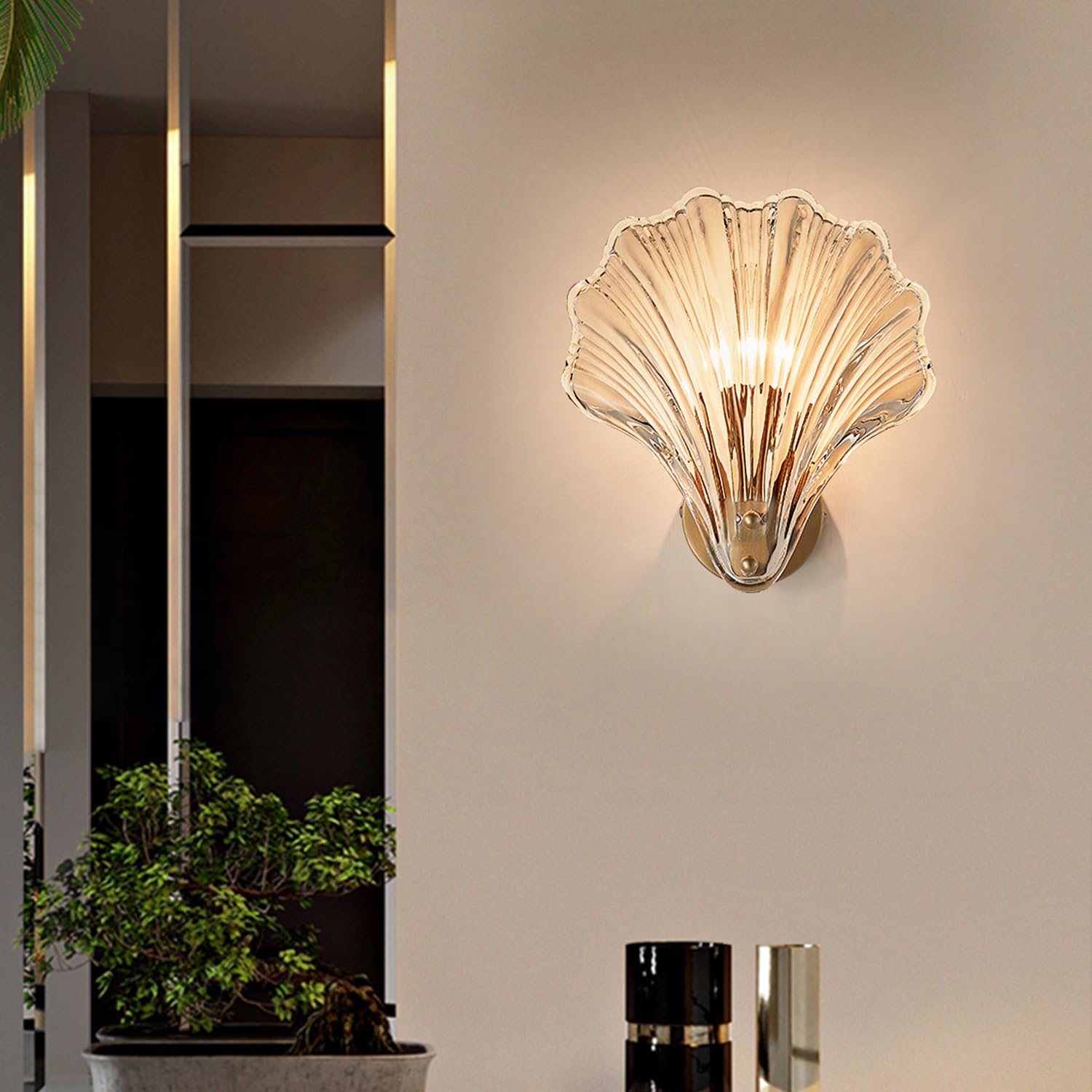 zhxinashu Wandleuchte Muschel,Wandlampe Glas für Schlafzimmer,Bernstein | Art-Deco-Wandleuchte Modern, E14-Leuchtmittel nicht enthalten, für Schlafzimmer, Wohnzimmer, Flur, 20 x 22 cm