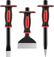 TOOLEAGUE 3-Pc Heavy Duty Masonry Chisel Set: 11" Point & Flat Chisels, 8" Brick Chisel with Shock-Absorbing Hand Guards