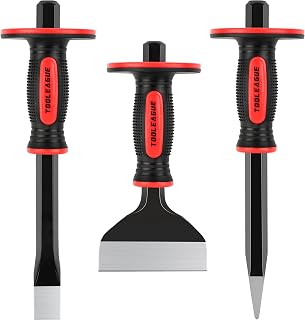 TOOLEAGUE 3-Pc Heavy Duty Masonry Chisel Set: 11" Point & Flat Chisels, 8" Brick Chisel with Shock-Absorbing Hand Guards