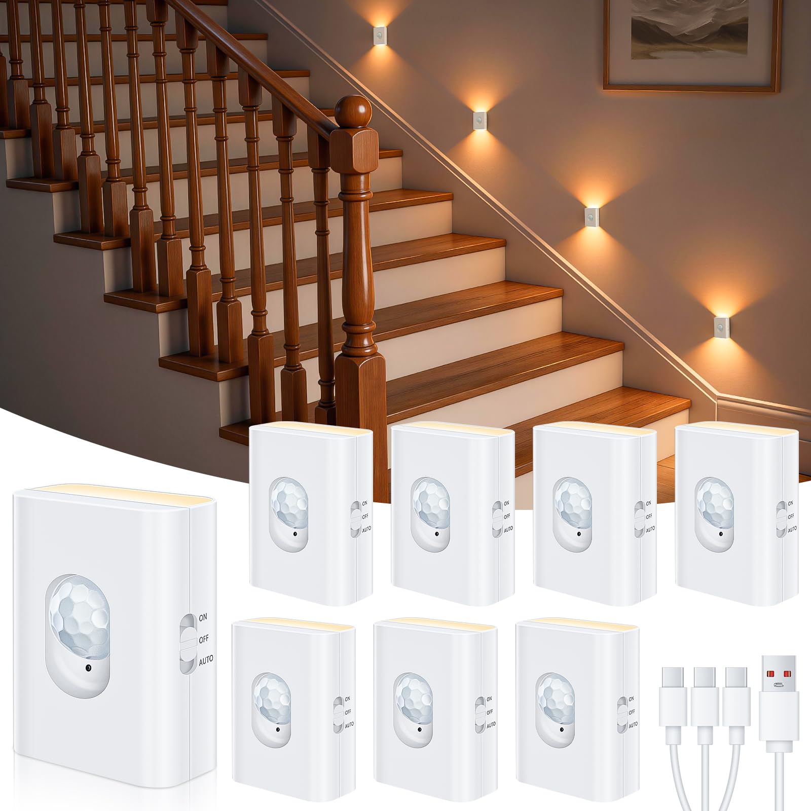 WILLED LED Treppenbeleuchtung mit Bewegungsmelder,Wiederaufladbar Nachtlicht mit Bewegungsmelder Akku, 2700K Warmweiß Nachtlicht für Treppe, Flur, Küche, Schrank, Bad(8 Stück)