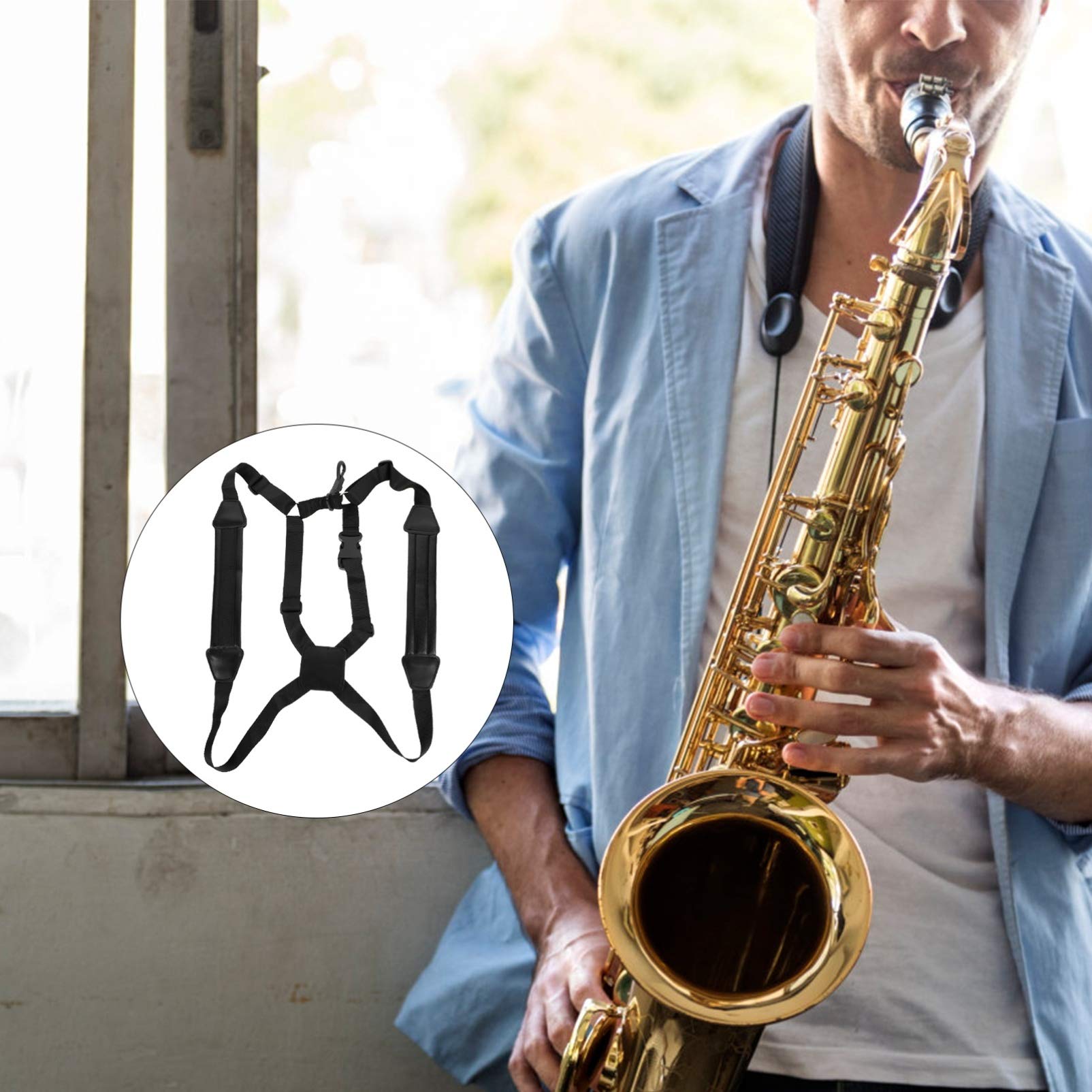 Imbracatura Sax a Doppia Spalla Regolabile Nera in Pelle Pu | Cintura per Sassofono, Struttura Fissa, Accessorio per Strumento a Fiato