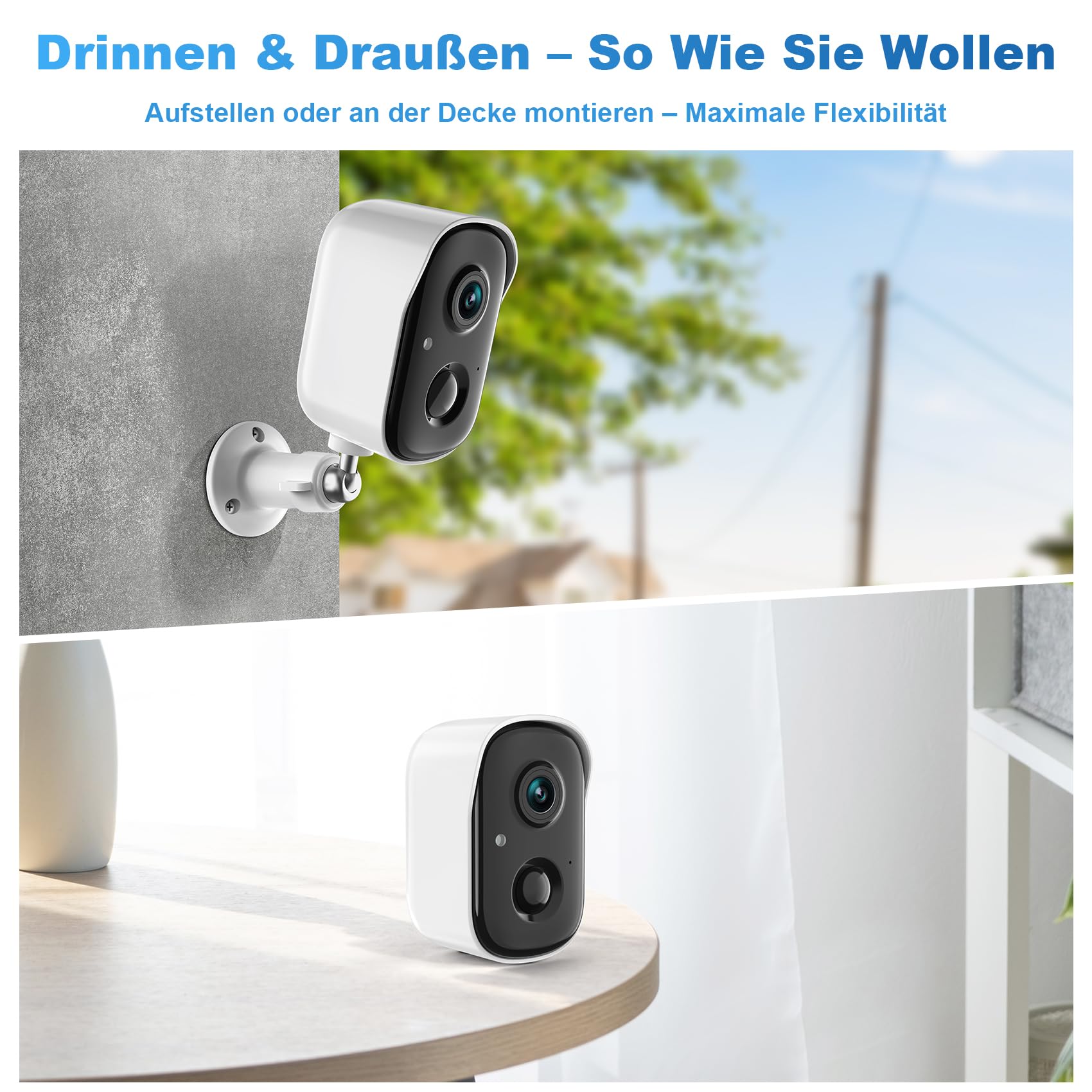Überwachungskamera Außen–2K WLAN Kamera, Nachtsicht, kabellose Überwachungskamera Akku mit PIR-Bewegungserkennung, 2-Wege-Audio, IP65, Kompatibel mit Alexa/Google für Haus, Garten, Haustiere