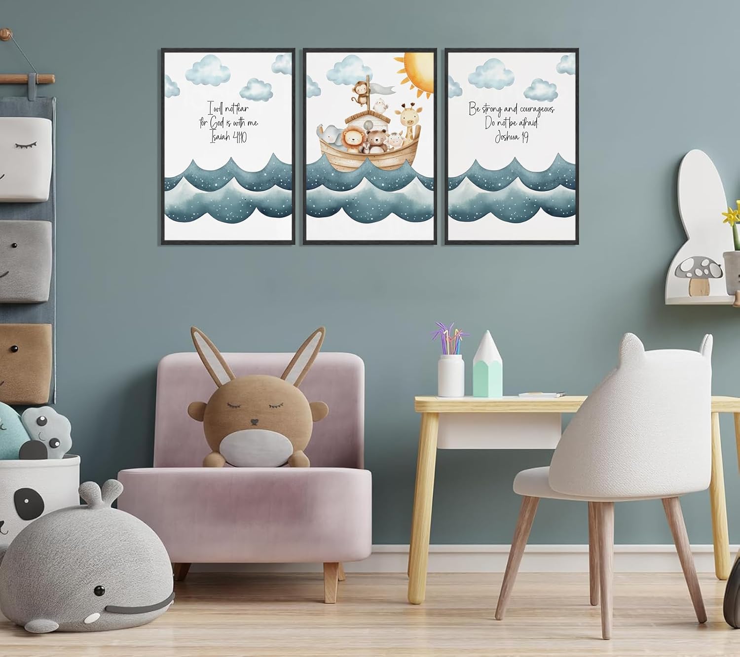 3Pcs Children's Bible Verse Wall Art Noahs Ark Nursery Painting picture Christian Inspirational Wall Decor Religious Educational Posters Prints for Kids Bedroom Classroom Home Decoration 16x24in
