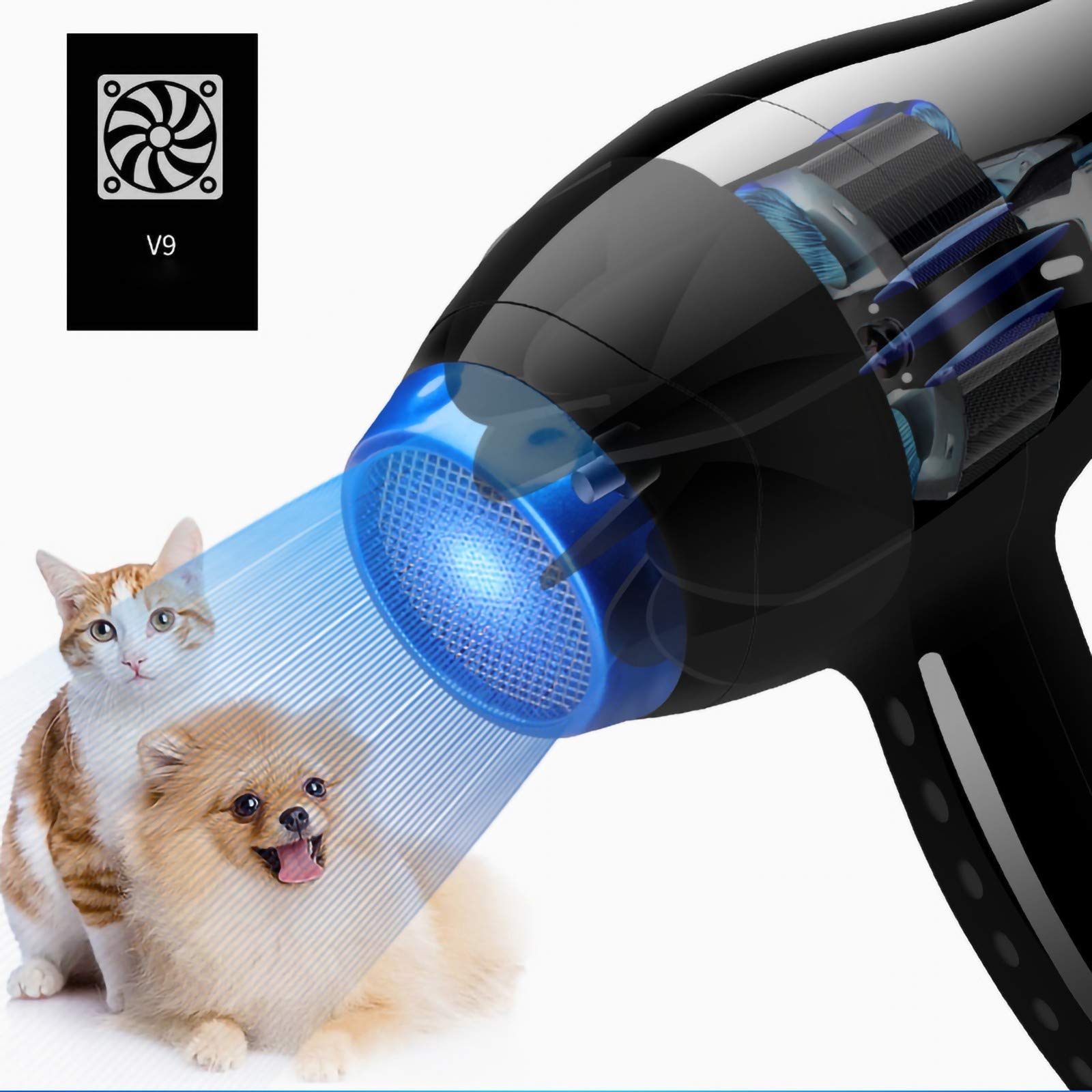 Chien Dog Sechoir Sèche-Cheveux, Professionnel Sèche-Poils pour Chien, Réglable Vitesse du Vent et Plage de Température, sourdine, Lumière Bleue Stérilisation