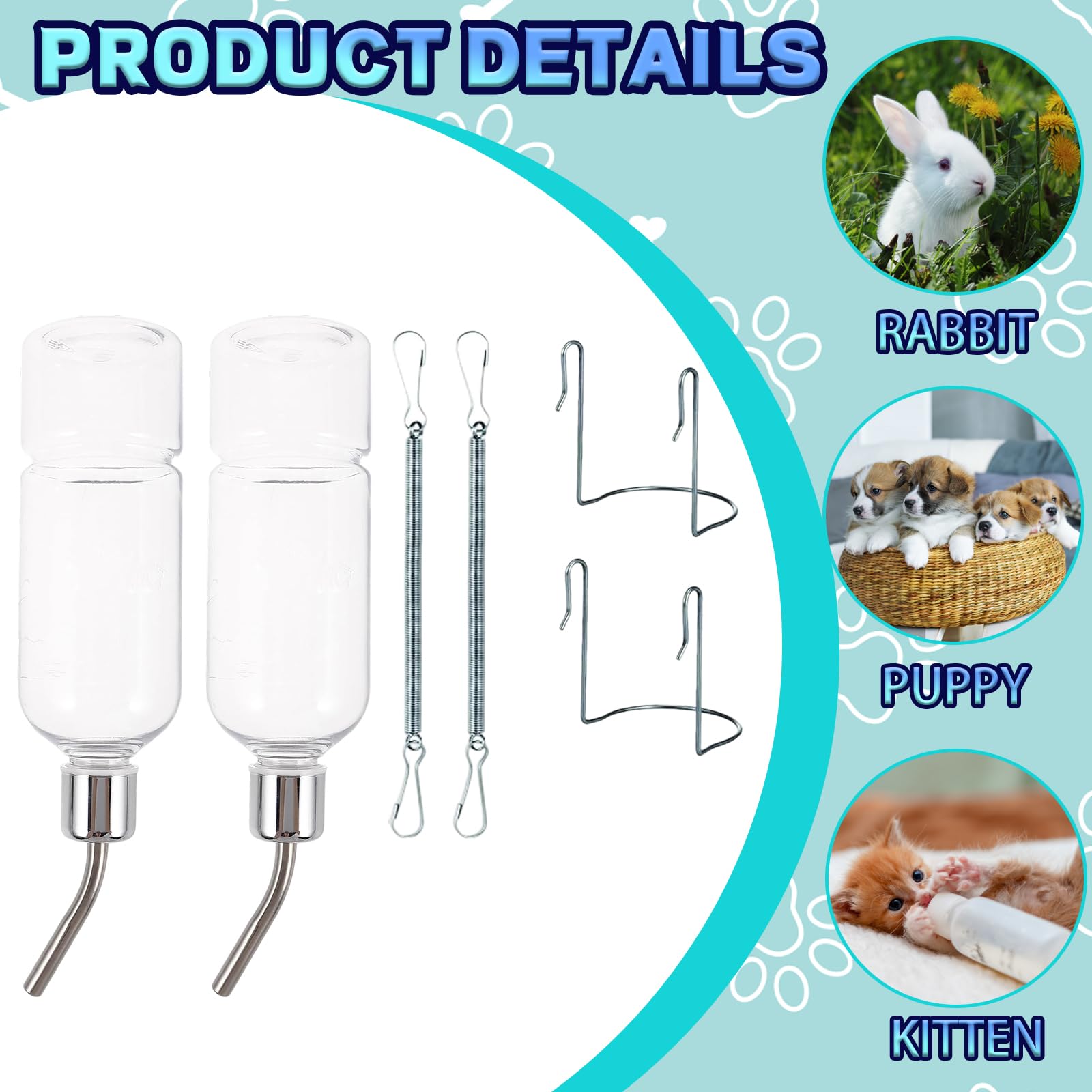 2 Pack Rabbit Bottles, Rabbit Water Bottle, Guinea Pig Water Bottle Non Drip, 180ml Transparent Plastic and Stainless Steel - Image 3