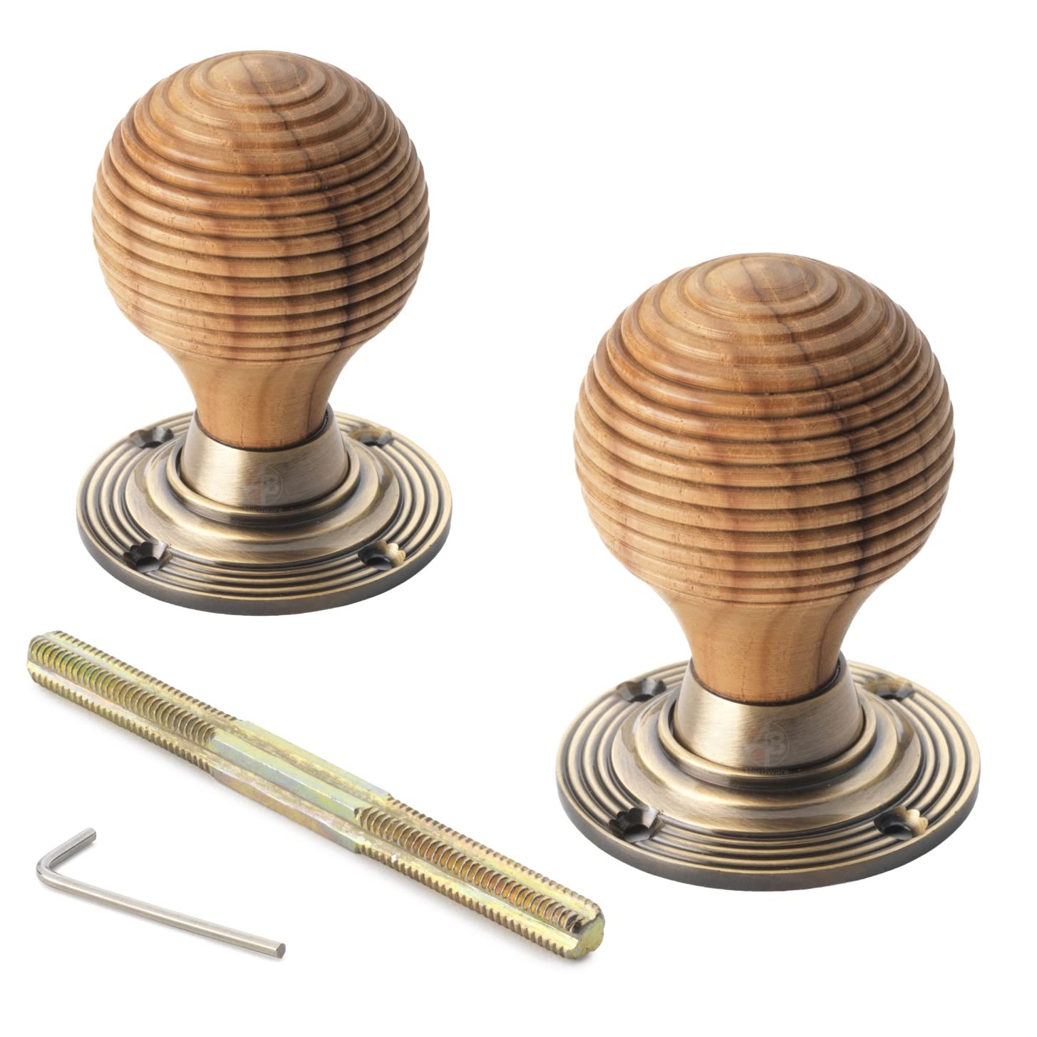 Ab Hardware Teak & Antique Brass Wooden Beehive Mortice Rim Door Knobs Knob Pair Quality