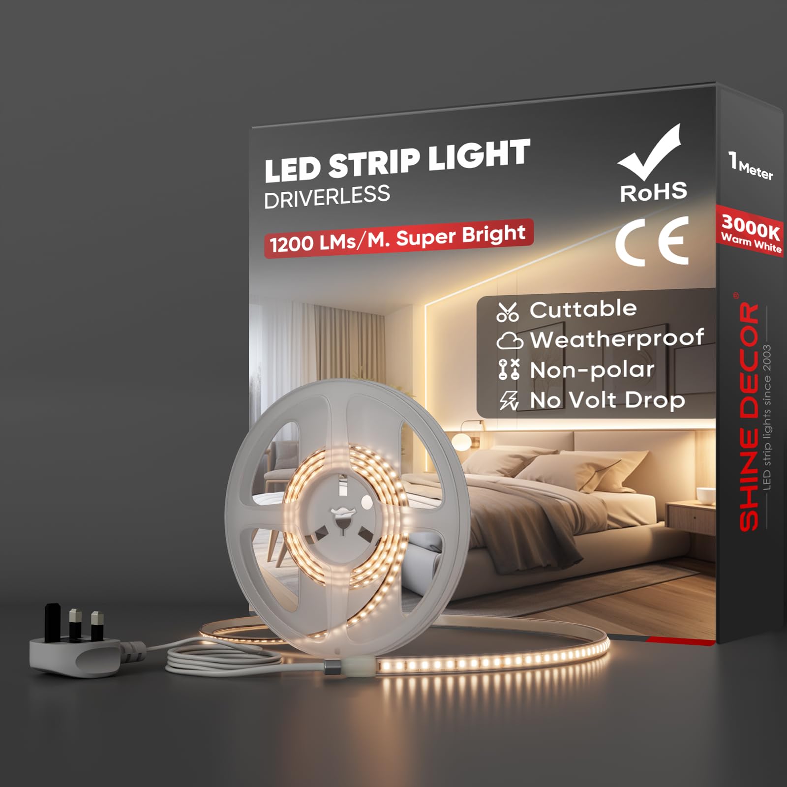 Shine Decor 1m LED Strip Light, AC 220V 230V, IP65 Waterproof, SMD 2835, 120 LEDs/m, Ultra-Bright with UK Plug for Living Room, Kitchen, Wardrobe, Corridors and Garden (Warm White, CE Certified)