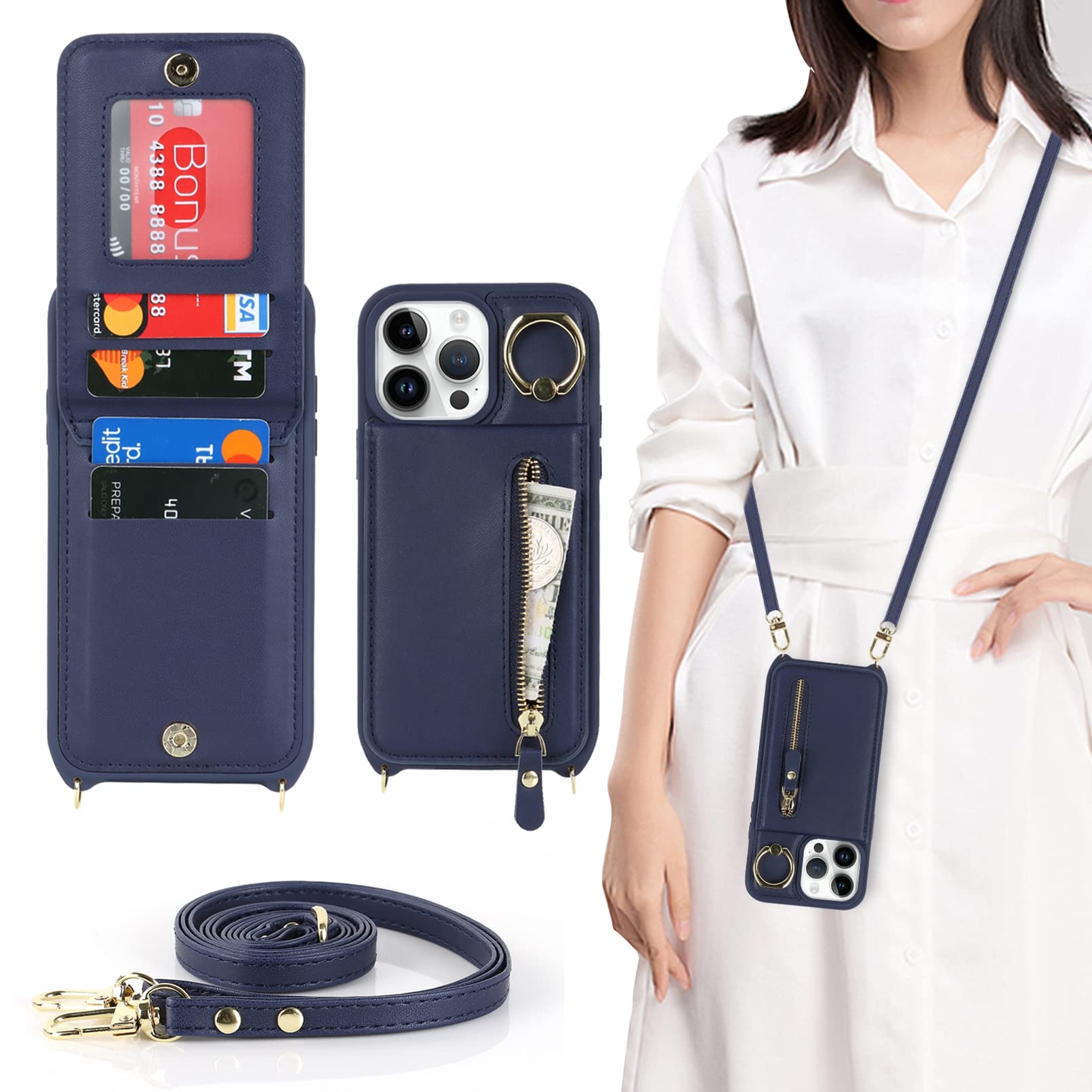 Jaorty for iPhone 13 Pro Case for Women with Card Holder,for iPhone 13 Pro Phone Case Wallet with Strap,Crossbody Lanyard Cases Credit Card Slots Kickstand with Ring Holder Stand Case,6.1",Blue