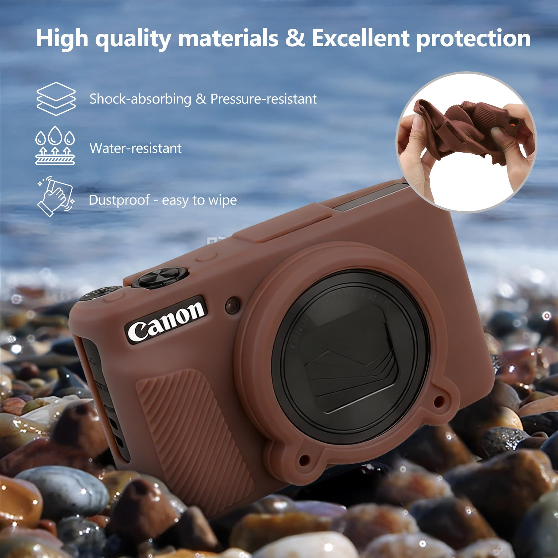 SX740 HS Kamera Fall Bundle, Schließen Sie Harte Tragetasche*1 + Silikon Kamera Case*1 EIN, Kompatibel mit Canon PowerShot SX740/SX730 HS Digitalkamera, Hüllen mit weichem Silikonhülle, Braun