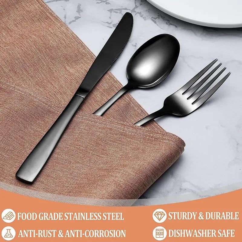 Image of aDai Charcoal Black Silverware Set, Satin Finish | 16-Piece Stainless Steel Flatware Set | Dishwasher Safe Kitchen Cutlery for Home, Restaurant & Gifting