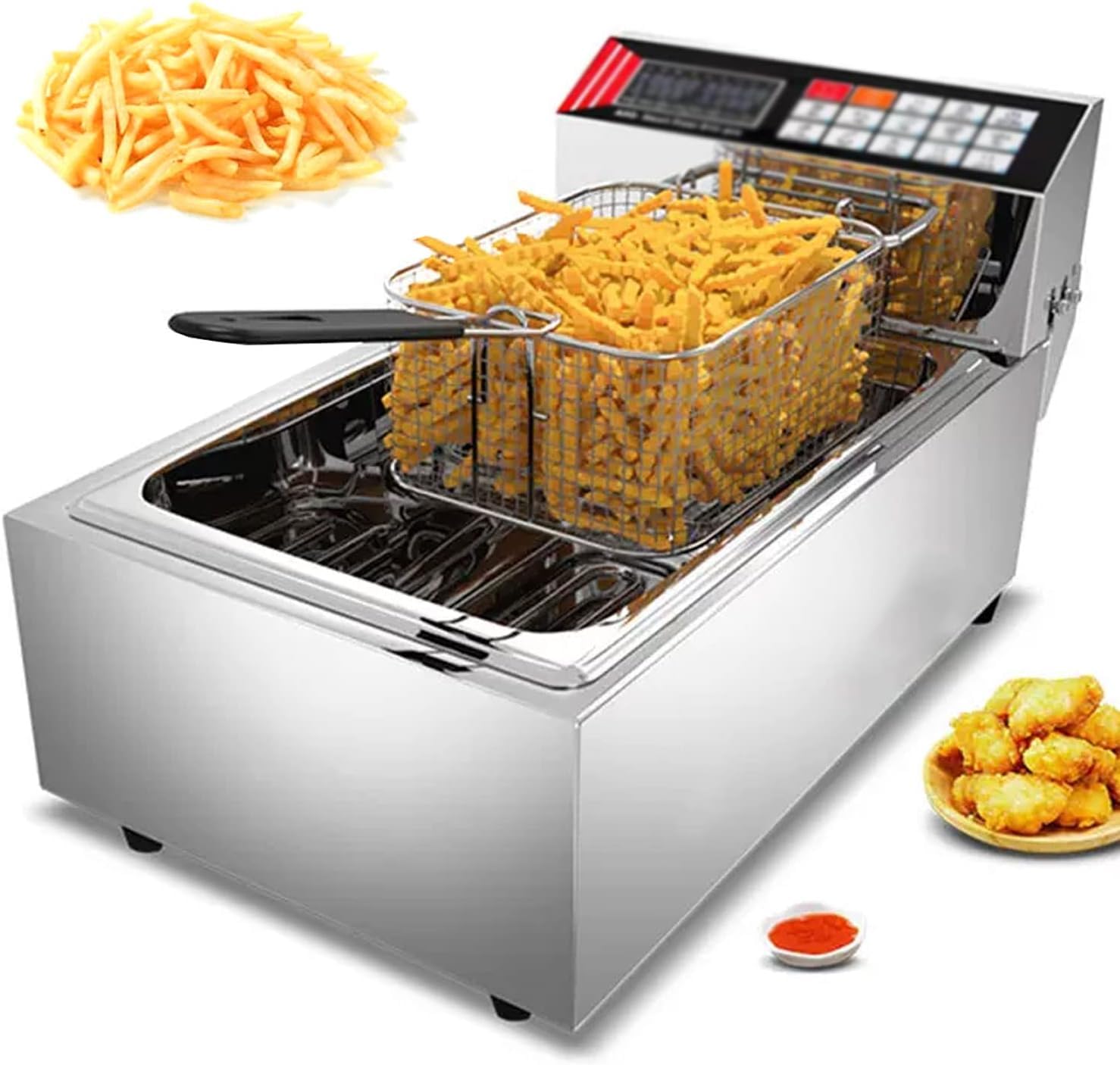Freidora eléctrica de Aceite de Acero Inoxidable con Cesta, Grifo, Tanque único, Cesta extraíble y Resistencia, Ajuste de Temperatura, Cocina, Comida rápida (10 l)