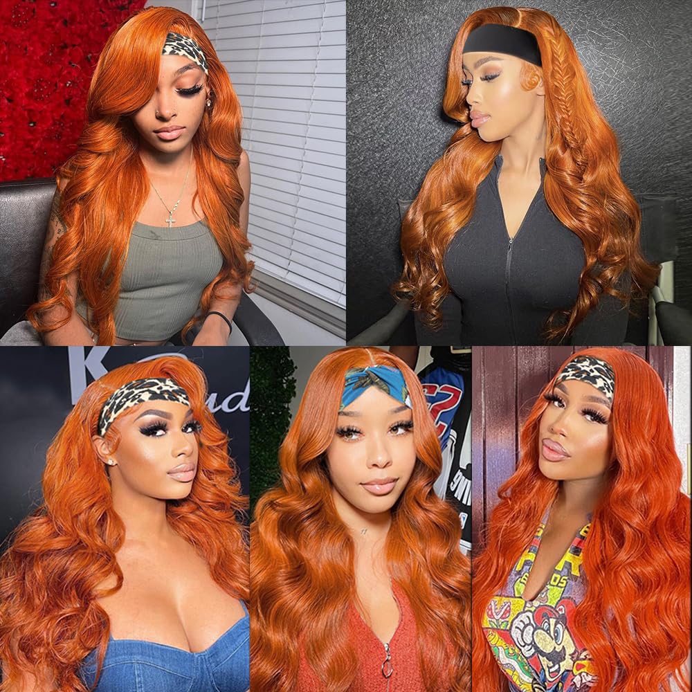 22 Inch #350 Orange Headband Wig Human Hair 150% Density Grade 8A Unprocessed Brazilian Virgin Hairs Machine Made Orange Body Wave Headband Wig Human Hair None Lace Front Wig