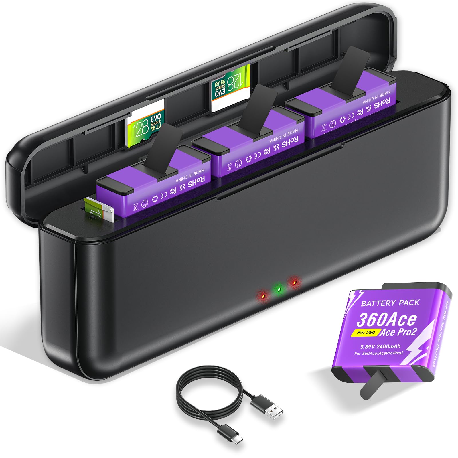 CITYORK Chargeur 3 Slots et 3 Batteries 2400 mAh Compatible avec Insta360 Ace/Ace Pro/Ace Pro 2, Batterie de Rechange pour Insta360 Ace/Ace Pro Kit Chargeur de Batterie Accessoires avec Affichage LED