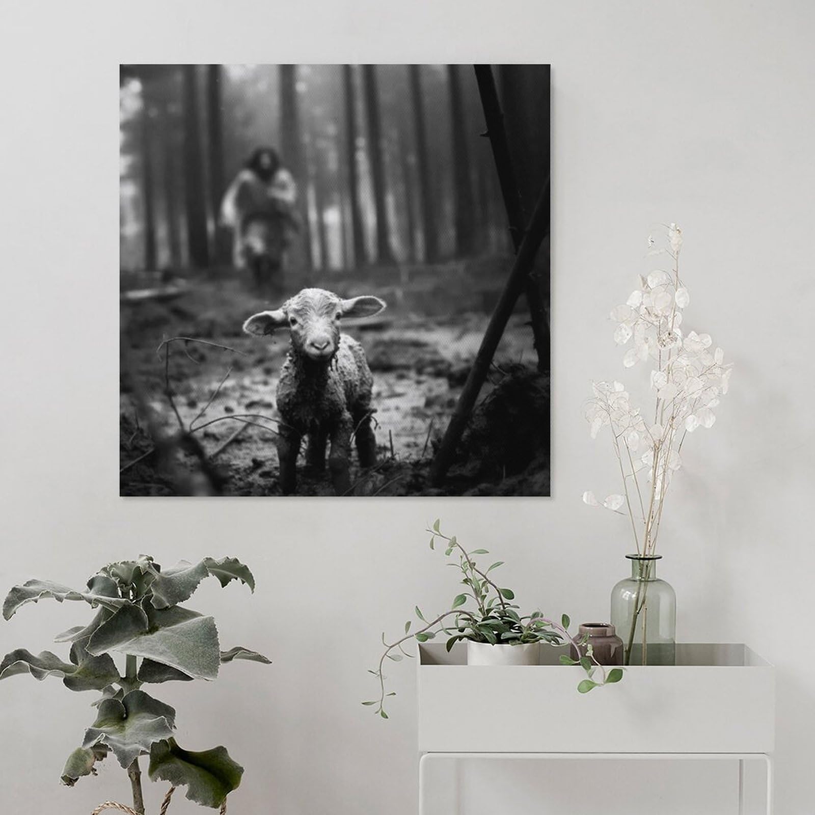 Poster Jésus et Agneau noir et blanc Art Jésus courant après l'agneau perdu Art mural art moderne religieux chrétien 40 x 40 cm