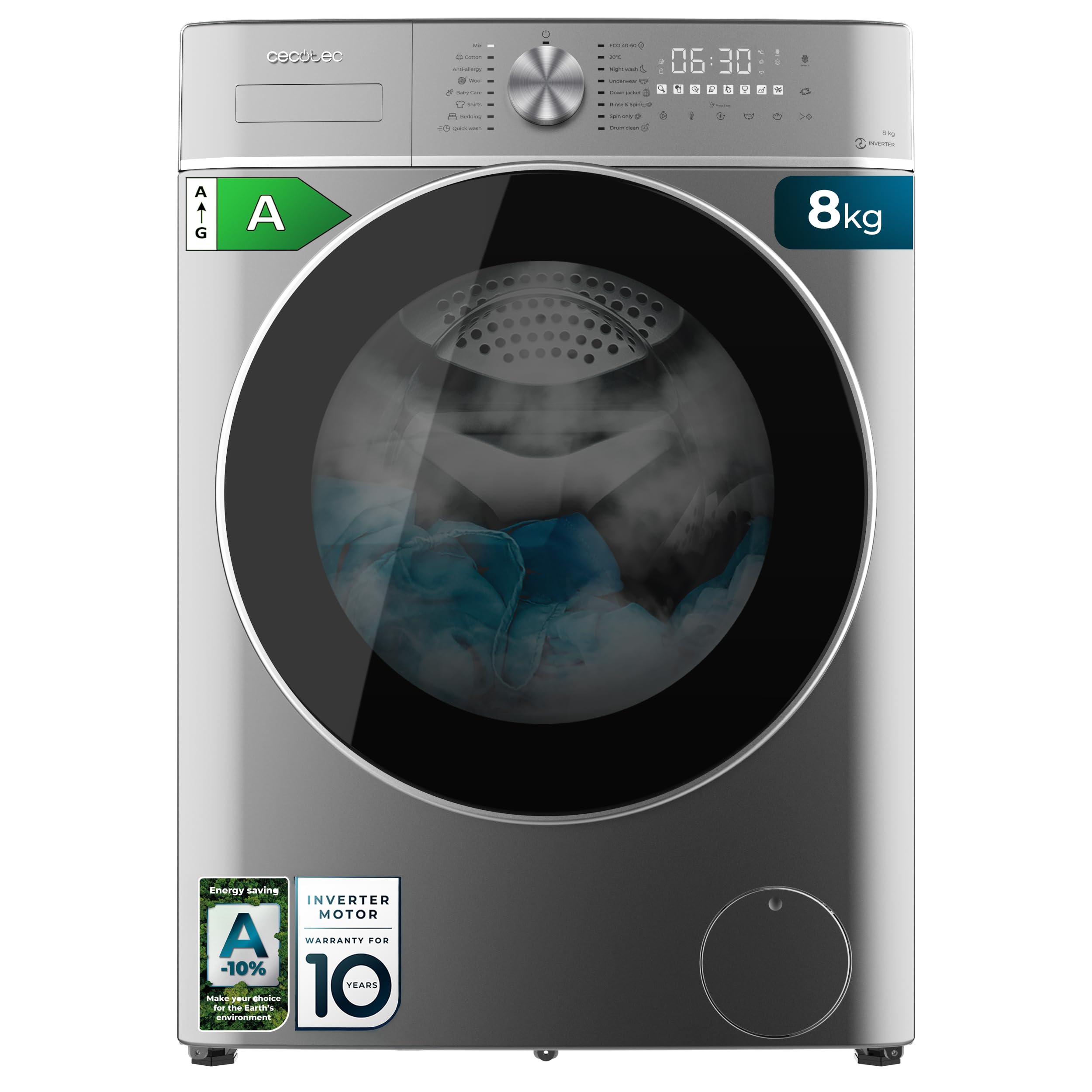 Фронт view of the Cecotec Bolero DressCode 8800 Inverter Steel A 8Kg Washing Machine