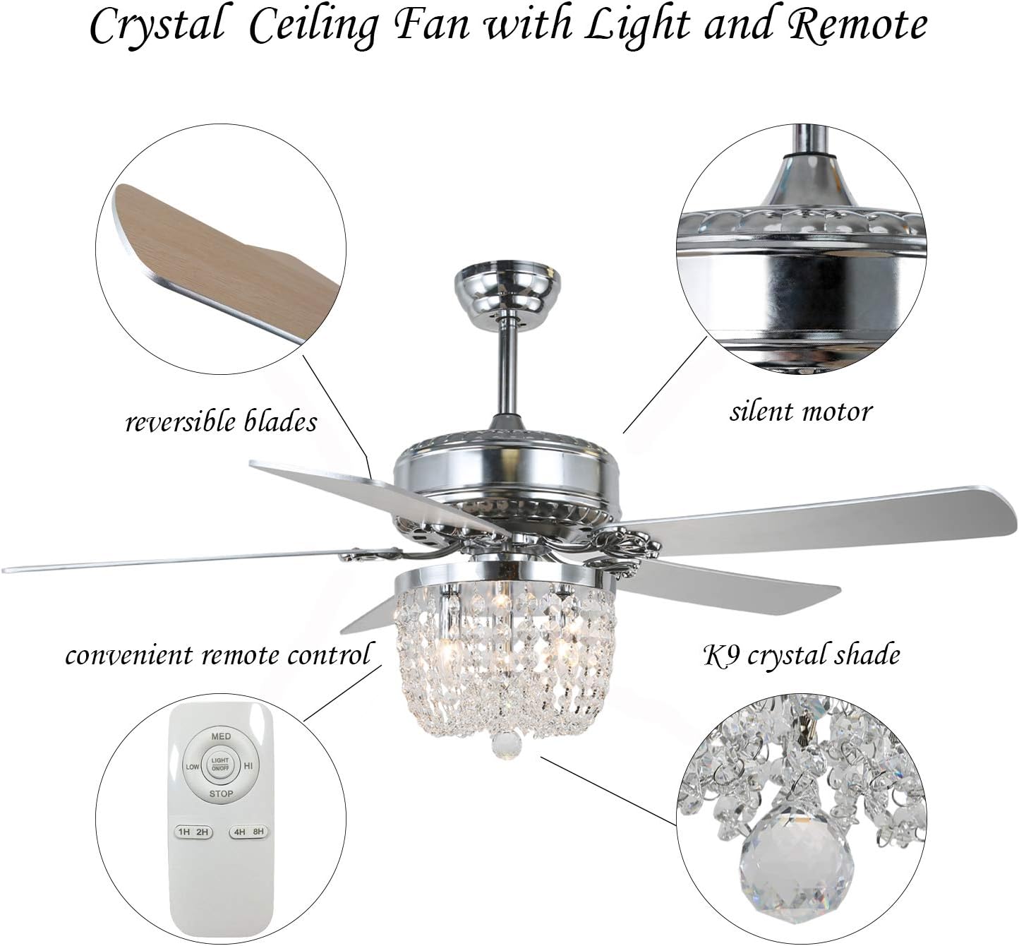 Up To 40% OFF 52 Crystal Ceiling Fan with Lights and Remote Crystal Chandelier Ceiling Fan with lights, Reversible Motor, 3 Speed, 4 Timing Options, Chrome