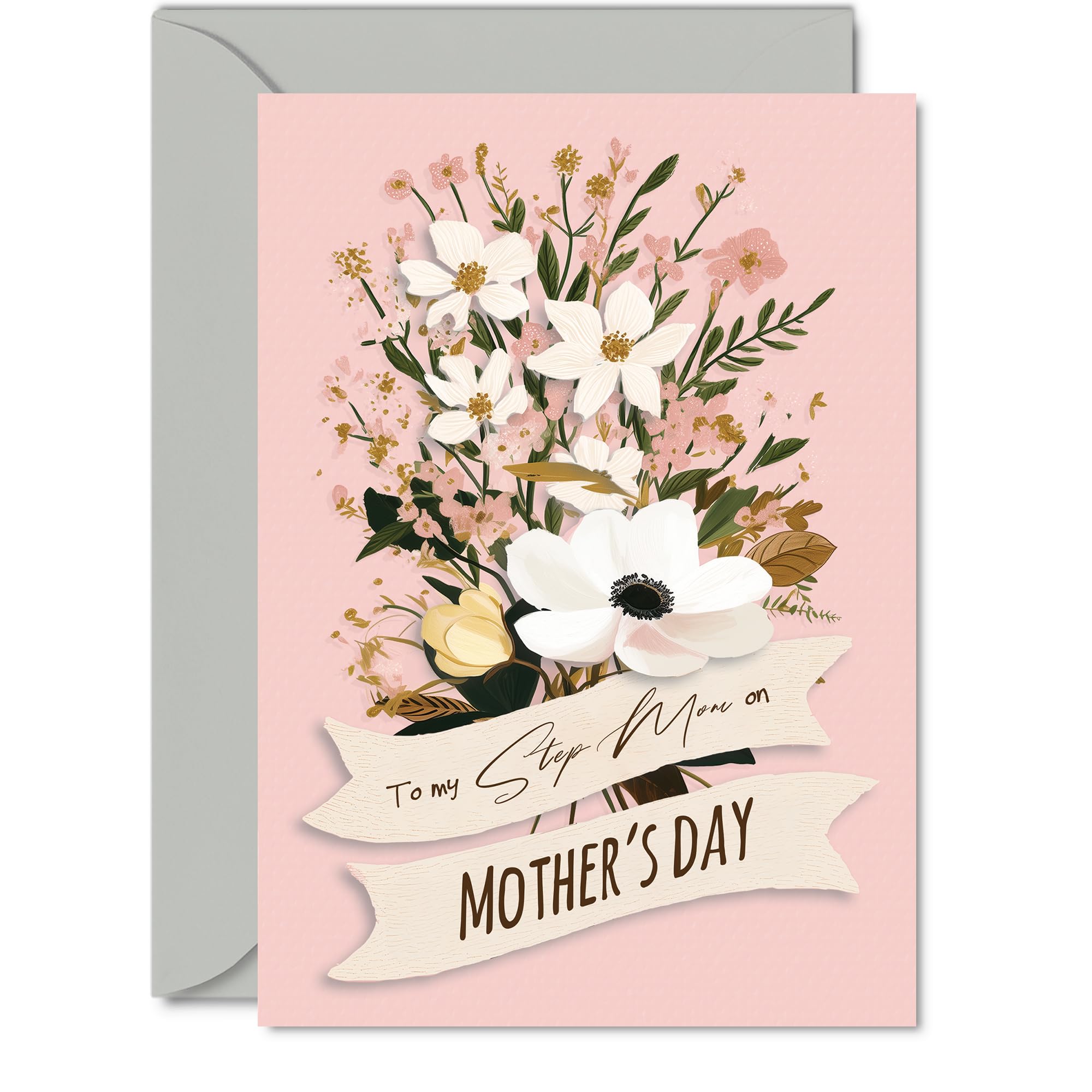 Step Mom Mothers Day Card - For Everything - Happy Mothers Day Card for Step Mom from Son Daughter, 5x7 Inch Elegant Floral Bouquet Bday Greeting Cards