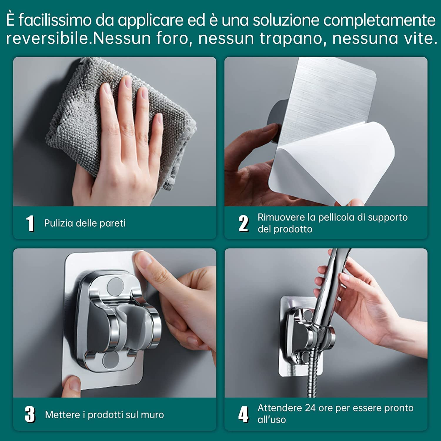 Supporto Soffione Doccia Universale Autoadesivo - 2 Pezzi, Argento, Senza Forare, Forte Adesivo - 2