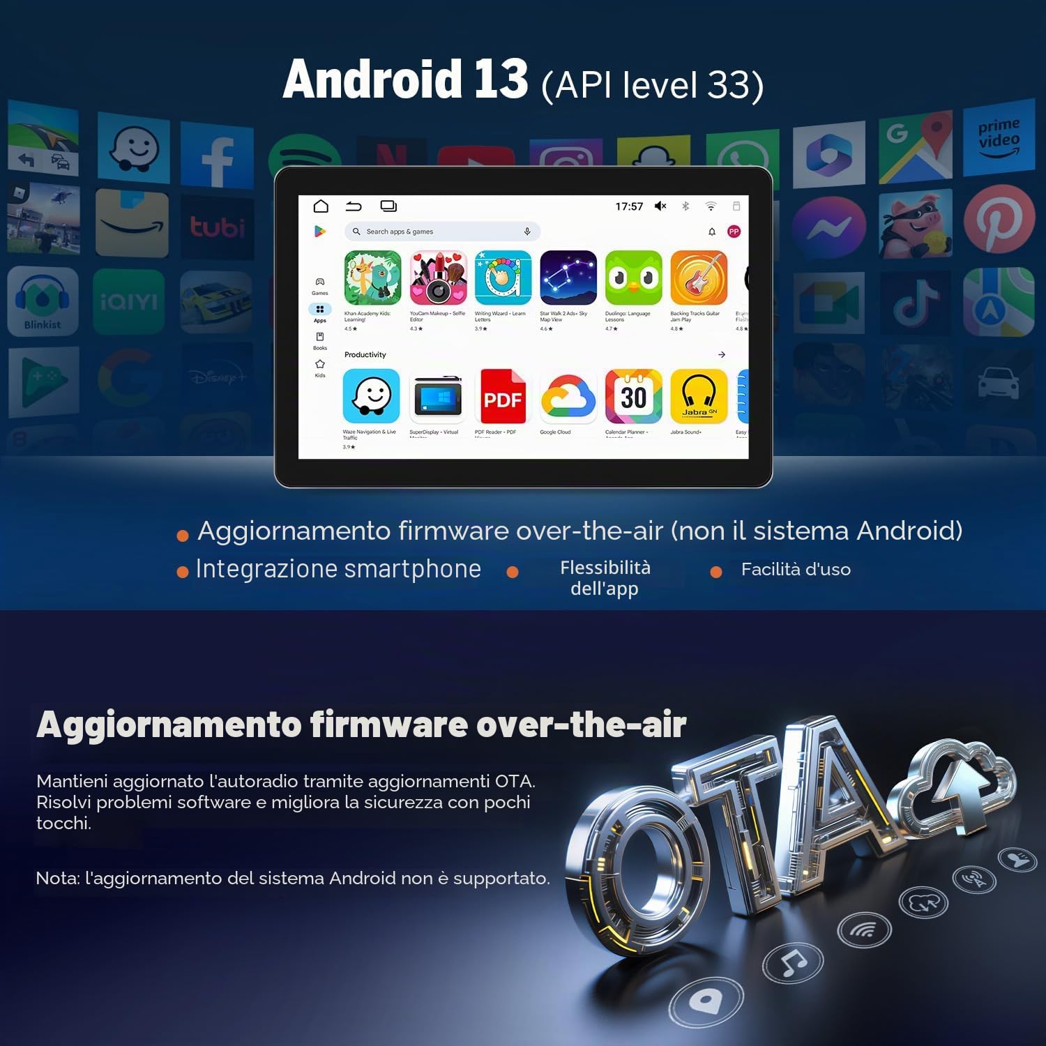 Eonon 10,95 pollici 1-Din con processore octa-core Android 13, 6+64 GB di RAM, 4G GPS, CarPlay, Android Auto, DSP, Bluetooth, mirroring dello schermo, schermo diviso e telecamera posterio