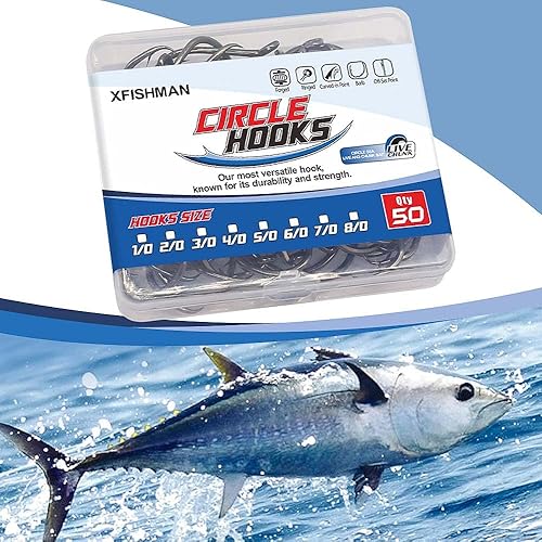 Miniatura 4 de XFISHMAN Anzuelos Circulares - Equipo de Pesca - Ganchos de Pulpo - Agua Salada - Paquete de 50 #1 – 12/0 Negro -,Rojo