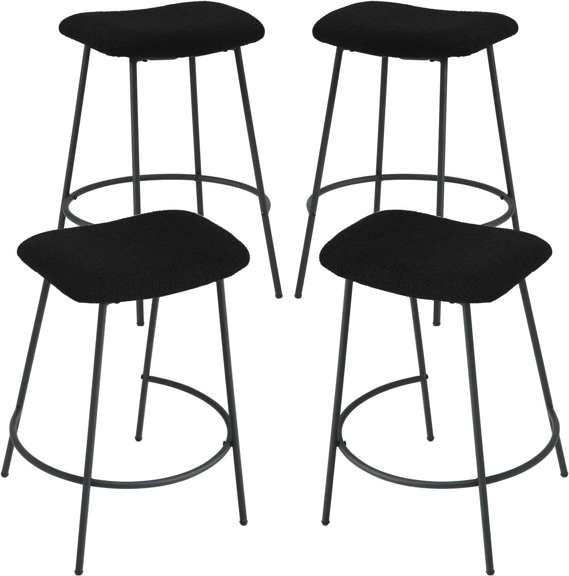 Black Bar Stools Set of 4 Counter Height 25.5 Inches Saddle Stools Modern Teddy Fabric Barstools Upholstered Backless Bar Chairs for Kitchen Island/Dining Pub