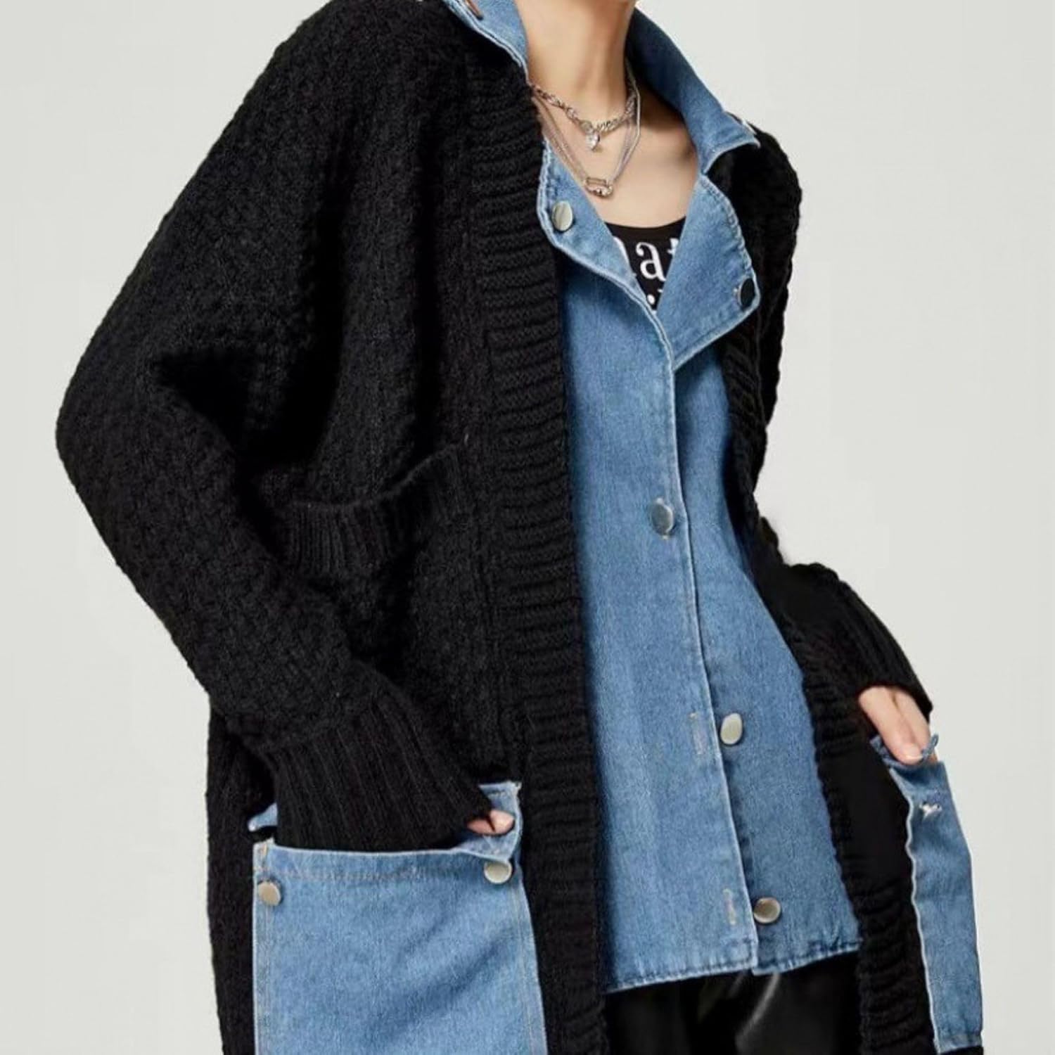 FindThy Women’s Trendy Button Up Cardigan Long Sleeve Color Block Jean Cardigan Coats - Image 4