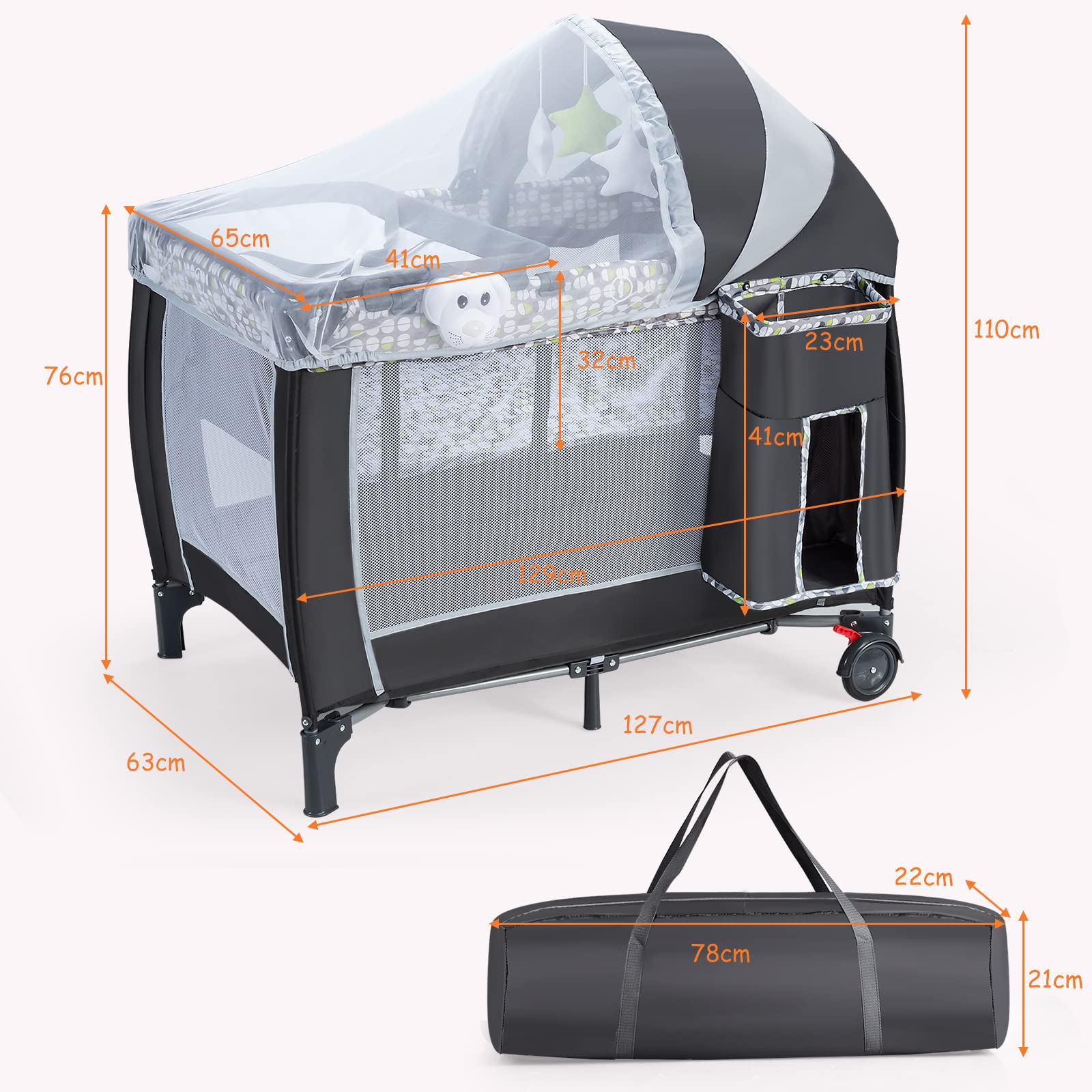 COSTWAY 3 in 1 klappbares Reisebett & Wickeltisch & Laufstall mit abnehmbarem und verstellbarem Moskitonetz, inkl. Spieluhr, Spielbogen, Wickelauflage, Matratze, Windel Organizer und Tragetasche