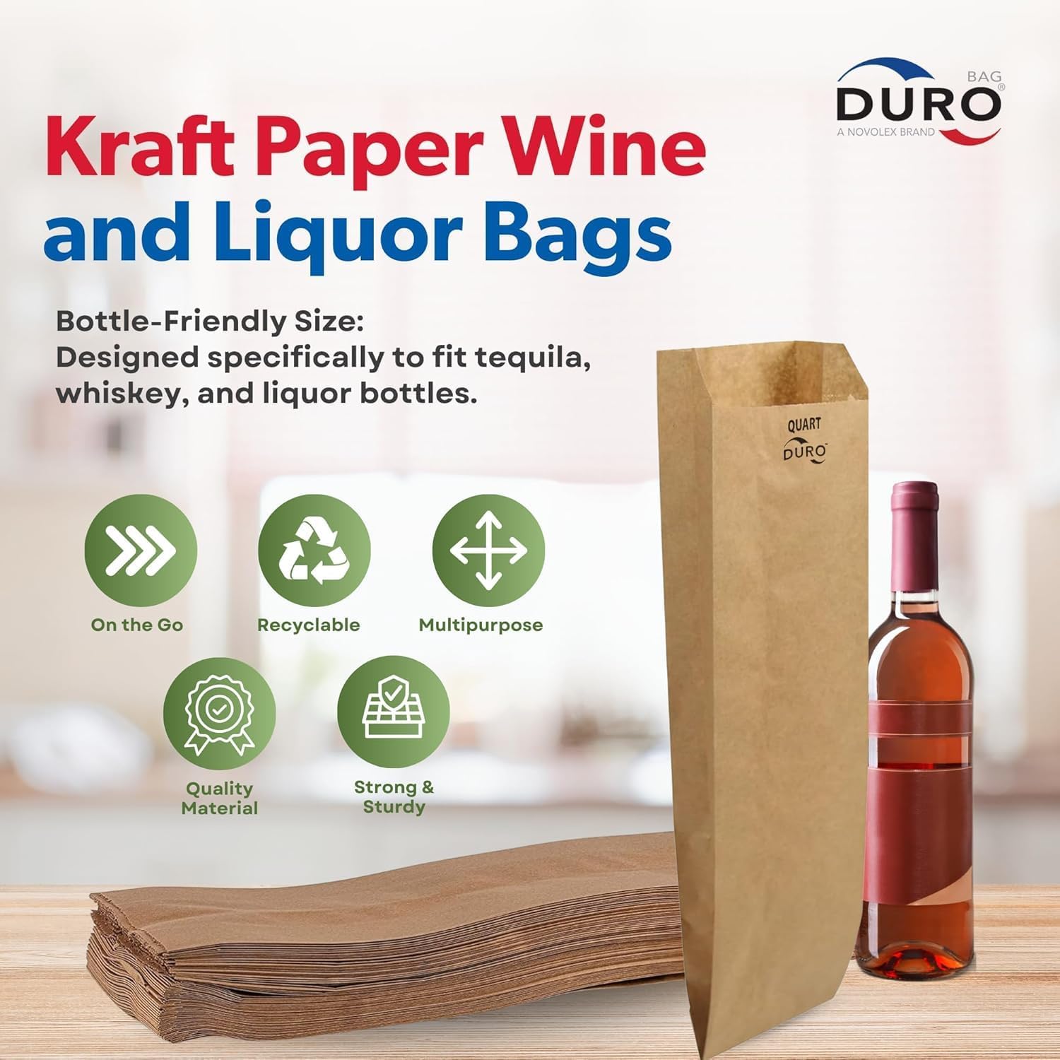 Duro 40036 Quart Brown Kraft Wine Bottle Bags, 4.25 x 2.5 x 16 In, 500 Ct | Fits 750 mL Bottles, 35# Paper, Plain Surface Accepts Labels and Stamps, Pinch Bottom, For Retail Display and Event Packaging