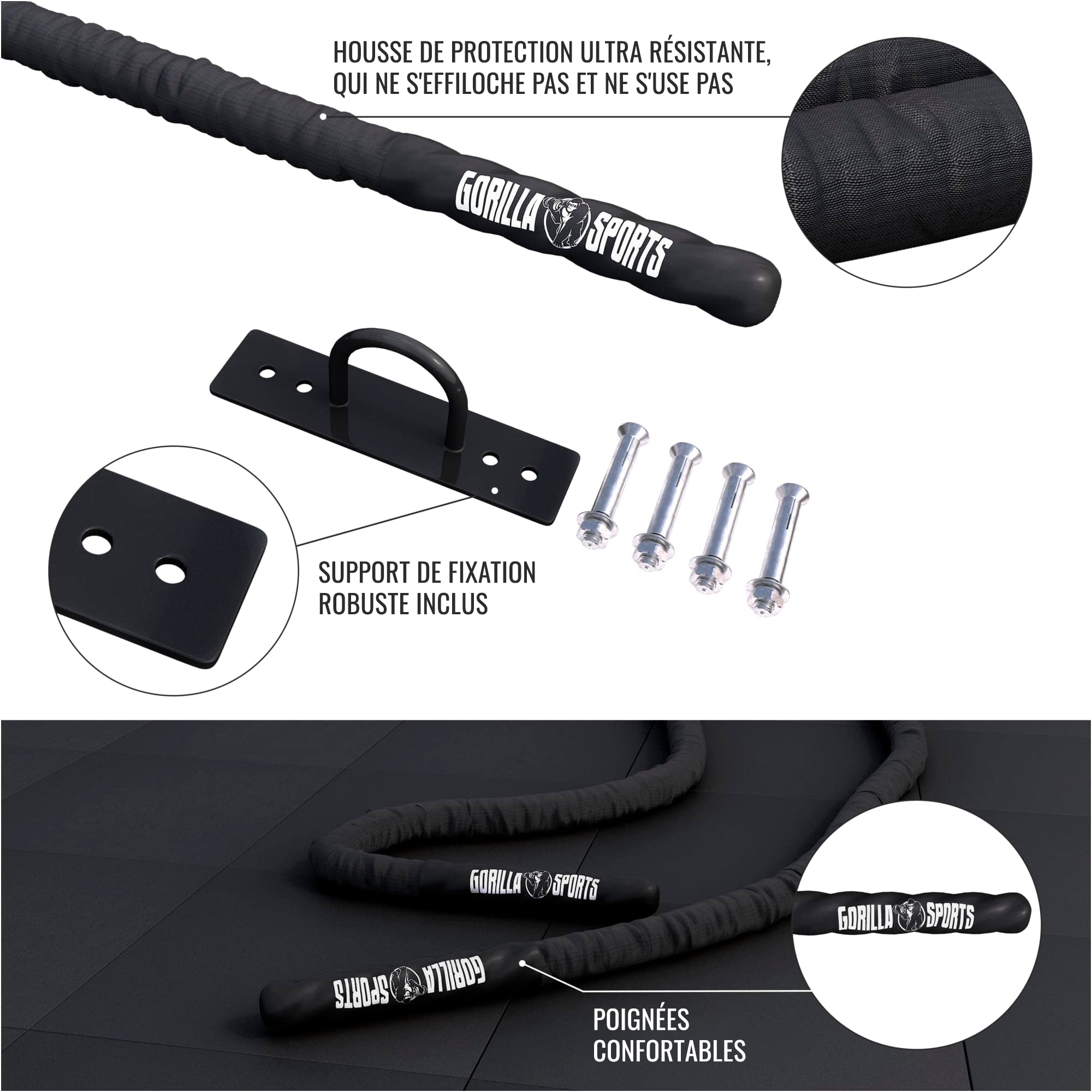 Gorilla Sports® Battle Rope - Longueur 9/12/15 m, Diamètre 38mm/50mm, avec Fixation Mural, en Nylon, Noir - Corde de Bataille, de Combat, Ondulatoire pour Entraînement, Sport, Fitness et Musculation