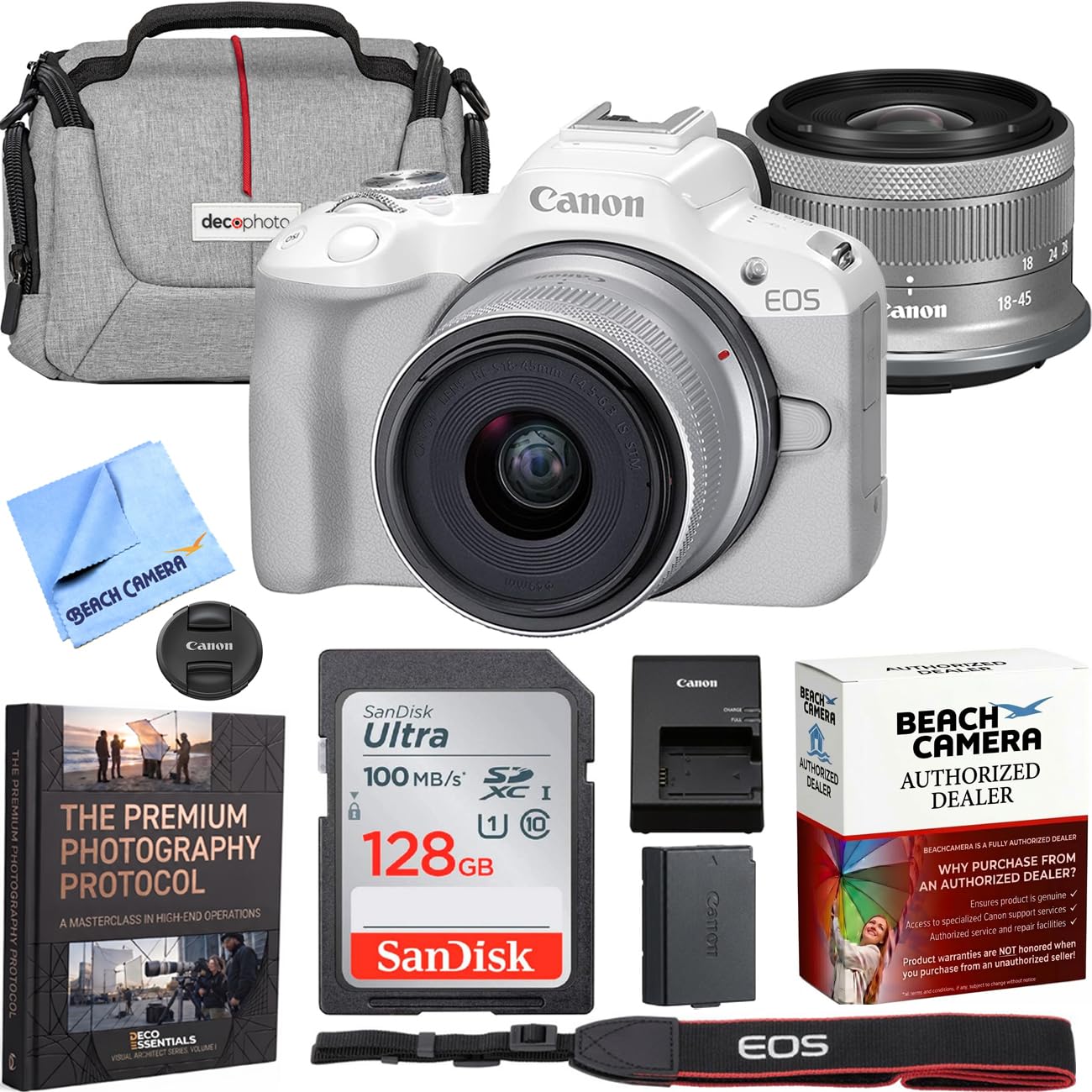 Canon EOS R50 Mirrorless Camera (White) with 18-45mm is STM Lens Kit Bundle