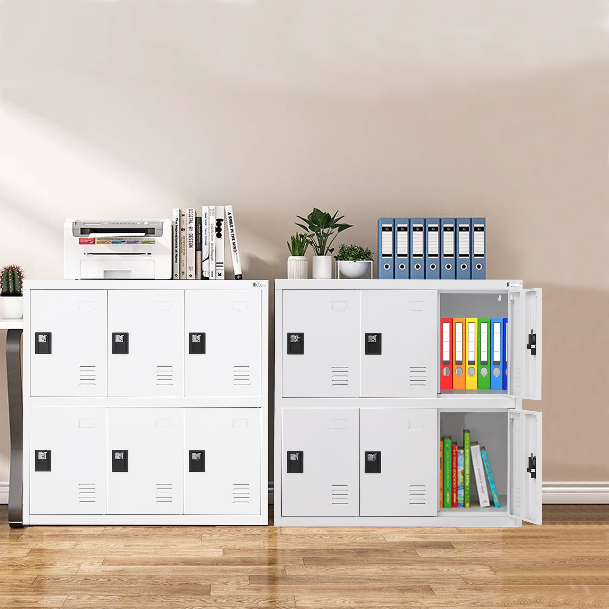 MECOLOR Armadio di stoccaggio in metallo con serratura di chiusura, armadietto per il personale, armadietto di archiviazione per ufficio domestico, piccolo Lokcer con 6 porte per soggiorno (bianco)