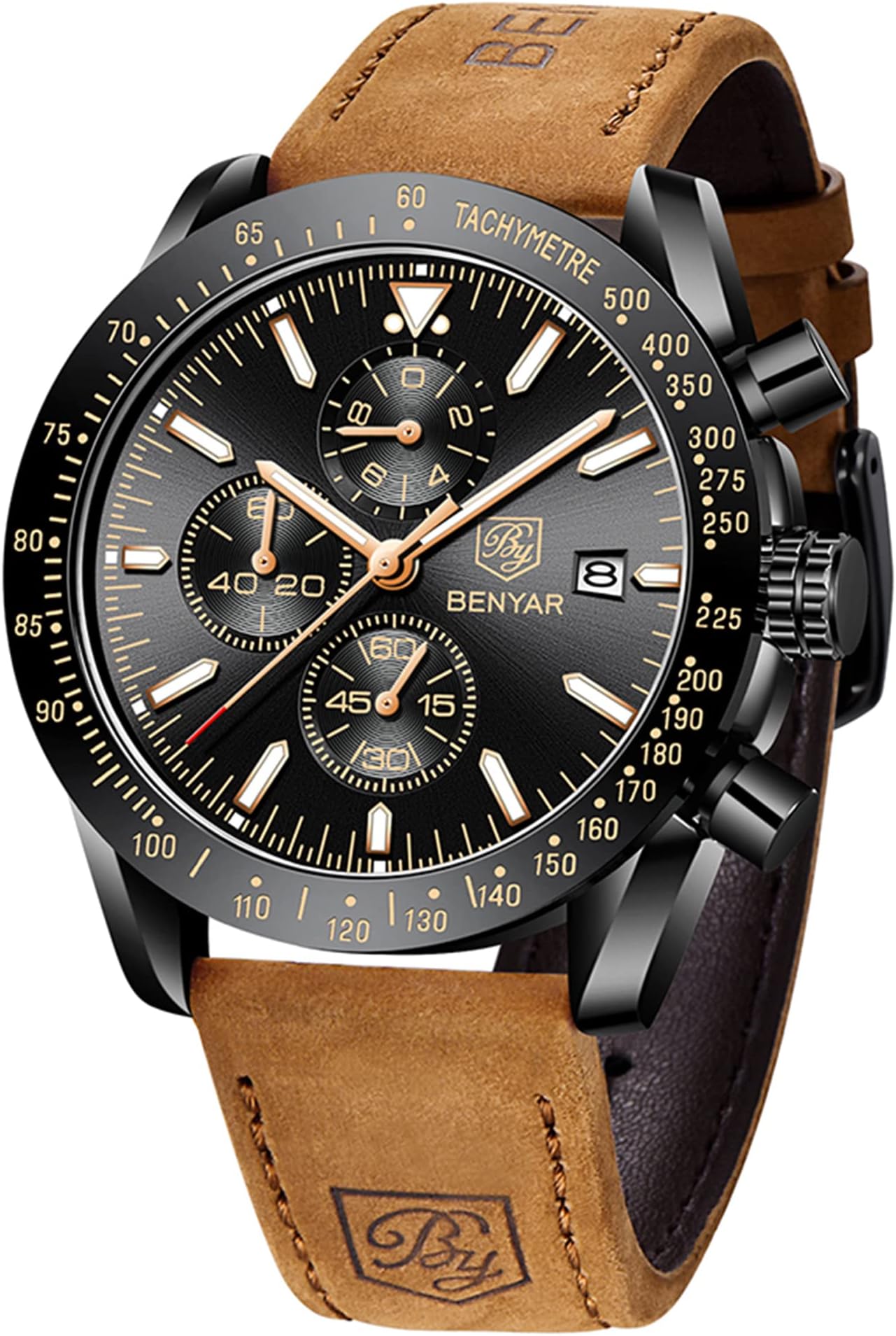 BY BENYAR Men's Chronograph Watch, Analog, Waterproof Up To 98.4 ft (30 m), Business, Simple, Fashionable, Popular, Formal, Leather Strap, Quartz, Gift for Men
