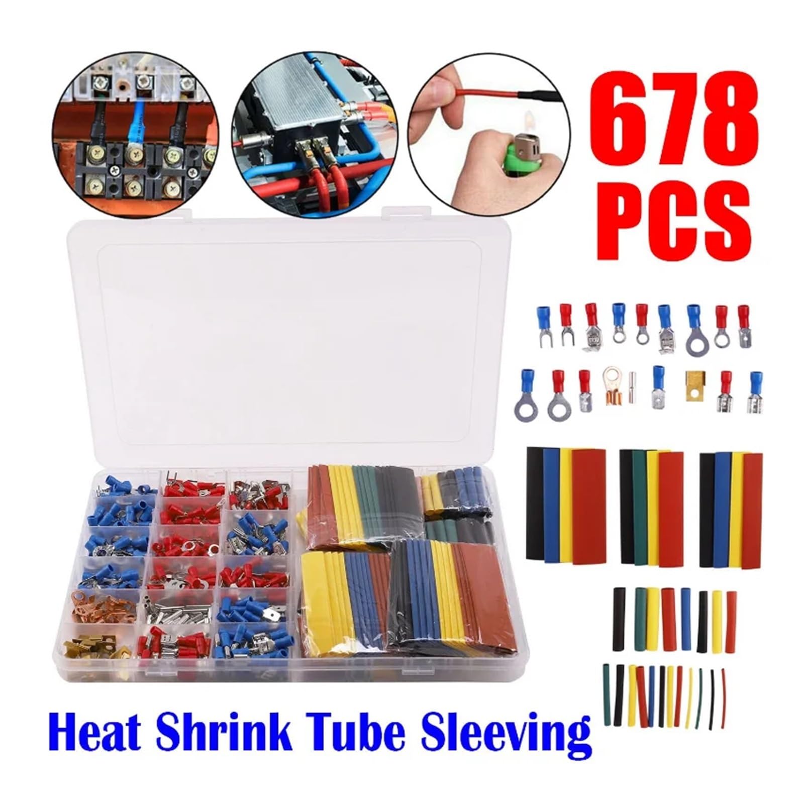 Juego de 678 fundas termorretráctiles for cables eléctricos de coche, conectores de crimpado aislados, kit de pala con caja