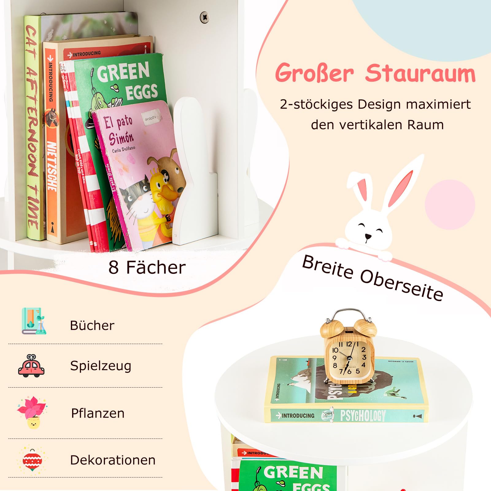 COSTWAY drehrbares Bücherregal Kinder, Kinderregal mit 2 Ebenen & Hasen-Trennwänden, 360 Grad, Kinderbücherregal freistehend, Spielzeugregal für Kinderzimmer, Spielzimmer, 40 x 40 x 65cm (Weiß)