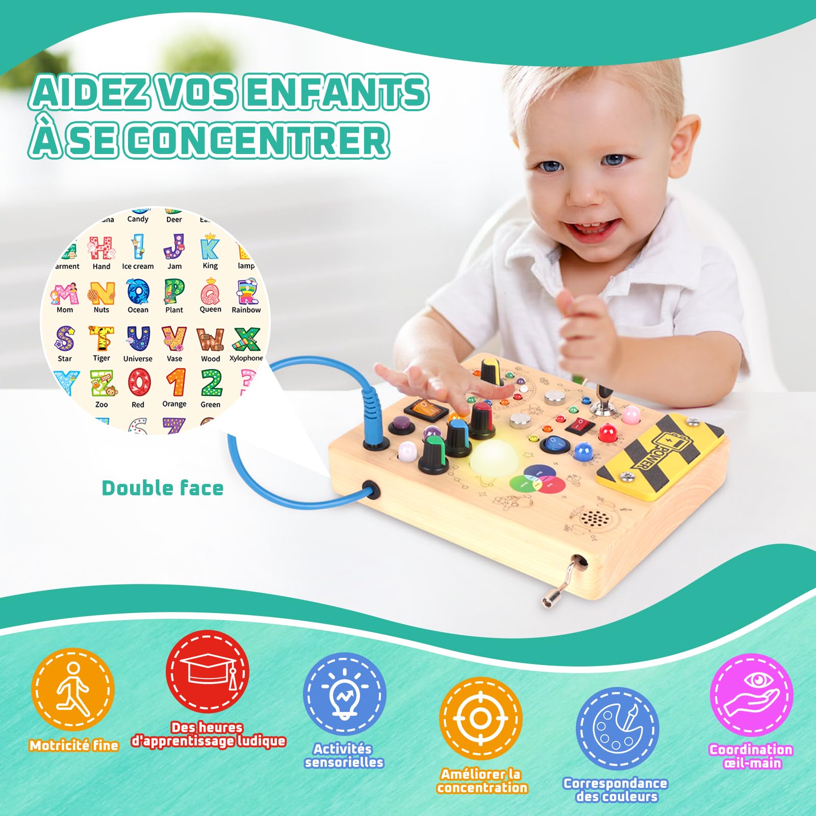 Montessori Busy Board 1 an Enfants Activity Board Jouets en Bois avec 12 Interrupteurs 24 Lumières LED Jouets Sensory Learning Toys Jeux Jeu Montessori Jouet Enfant Bebe 1 2 3 Ans Cadeau Enfant