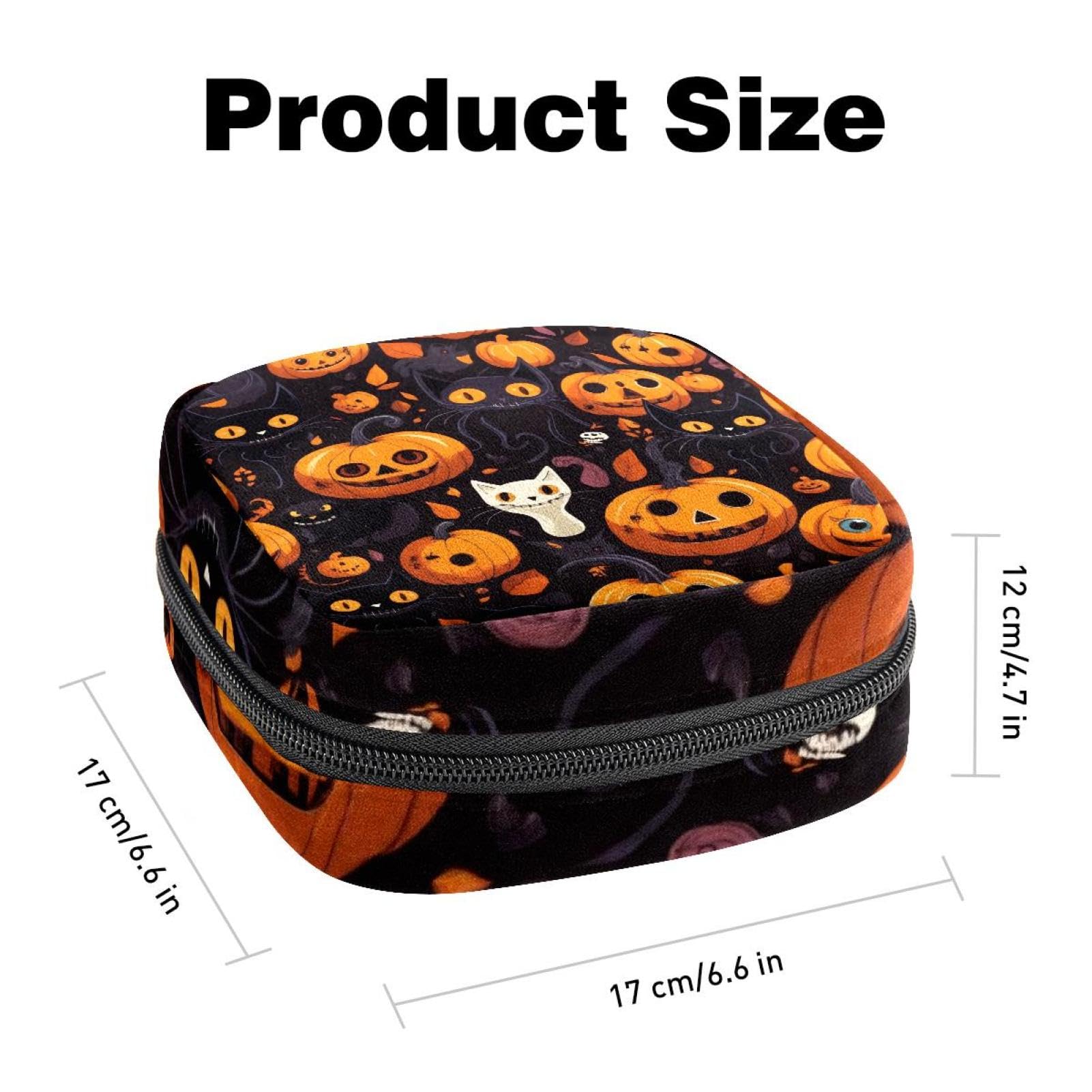 Sanitary Napkin Storage Bag for Women Cute, Feminine Menstruation Pad Holder for Period, Portable Zipper Menstrual Pad Bags Halloween Pumpkin Black Cat Skull