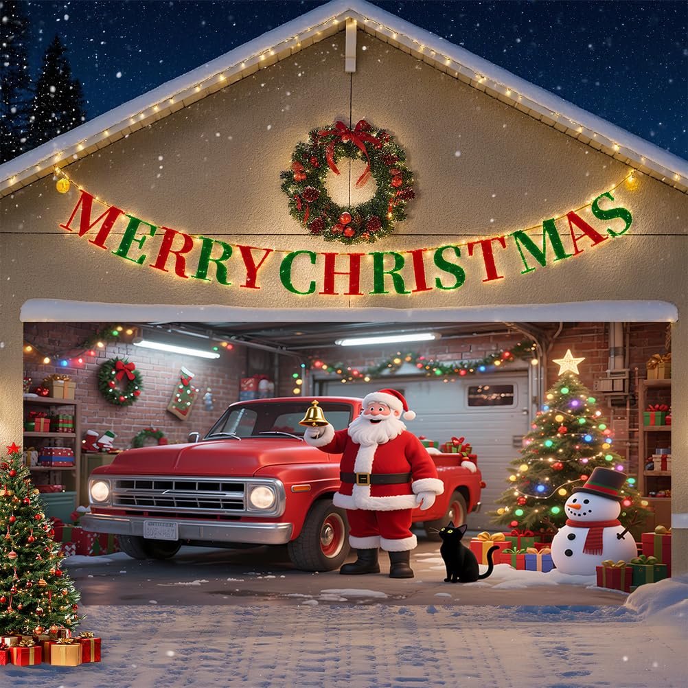 Zfflyh Garage Santa Claus Large Christmas Garage Door Cover Hanging Backdrop Buddy Christmas Garage Door Banner Holiday Party Home Wall For Home Murals Outdoor/Indoor Polyester,,8 * 7Ft