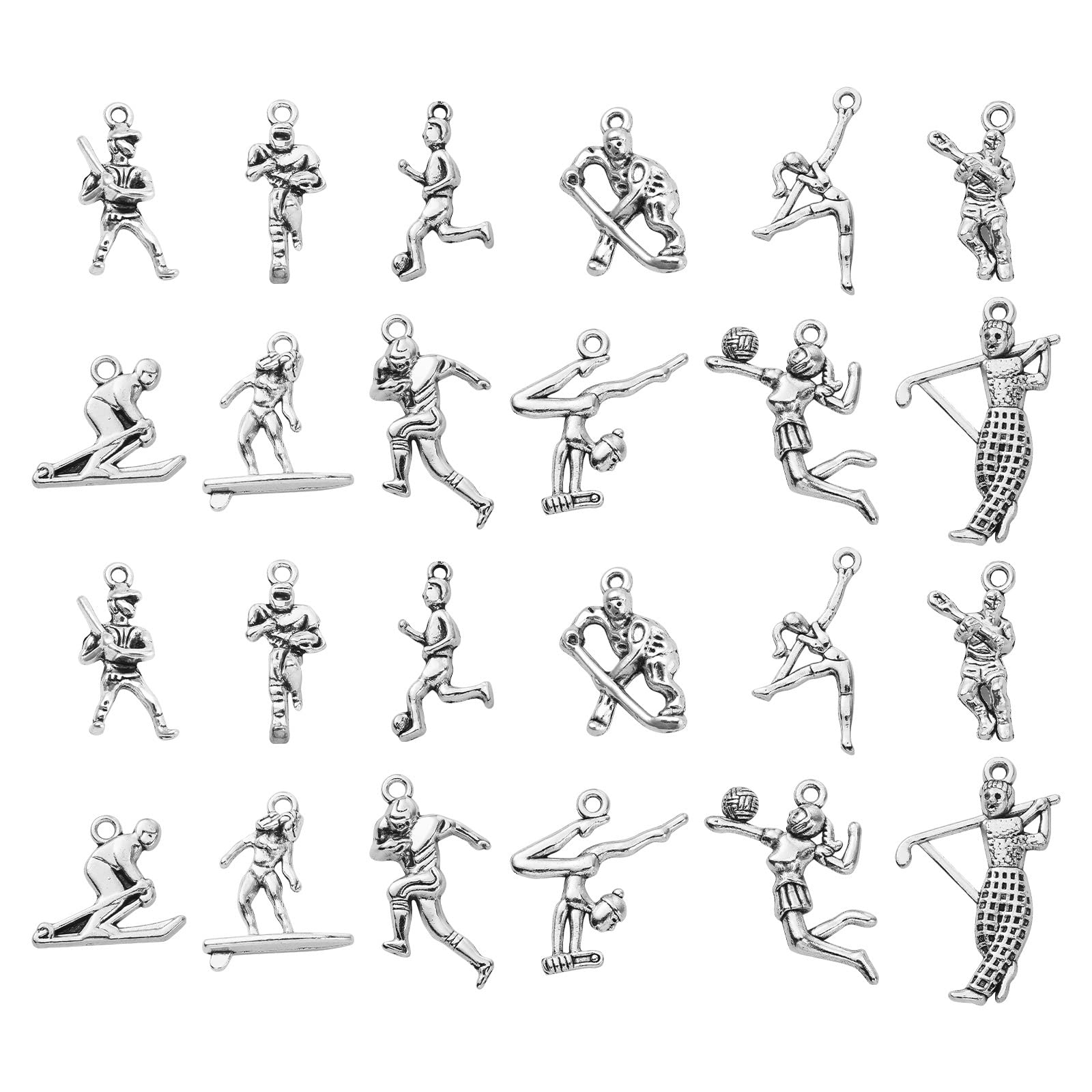 DanLingJewelry 60Pcs 12 Styles Antique Silver Athlete Charm Sportman Gymnast Surfers Sport Charms for Jewelry Making DIY