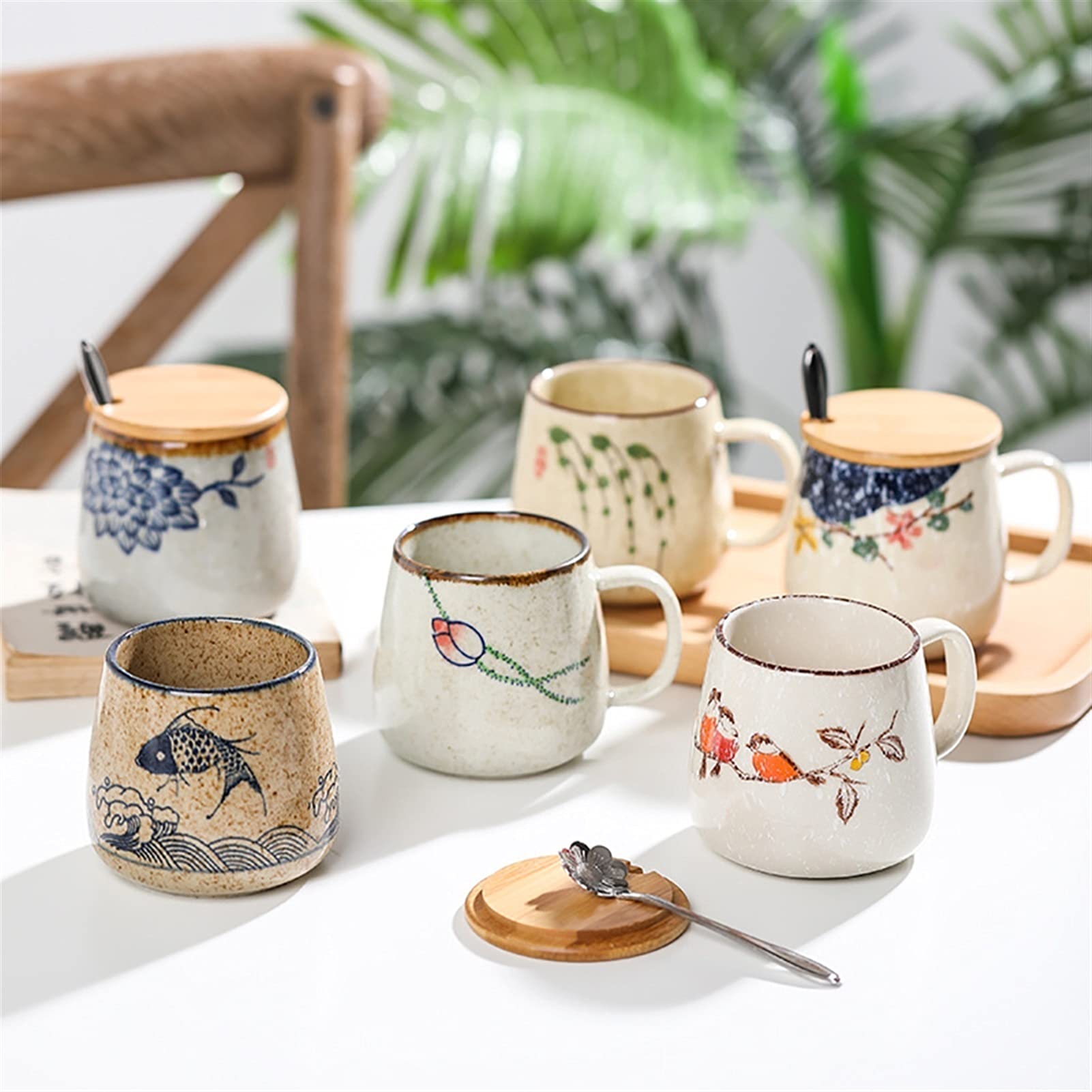 Taza de café, Taza de té, Taza de café, Tazas de cerámica de Estilo Retro japonés único, Taza de Desayuno de Porcelana esmaltada con Cambio de Horno de 380ml/12,9 Oz (A)