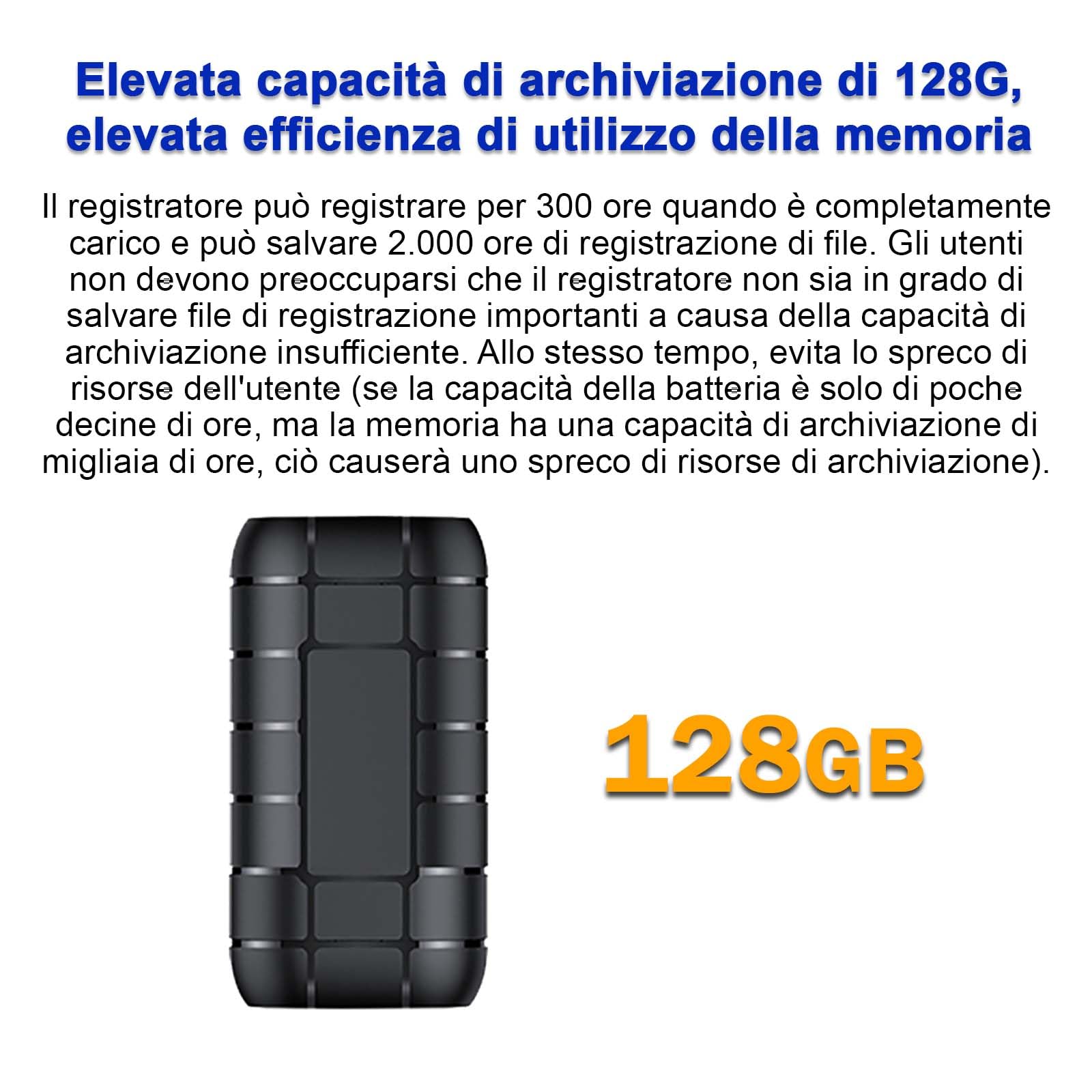 128G registratore magnetico ad attivazione vocale,Durata della batteria di 12 giorni, capacità di registrazione di 2000 ore, registratore audio digitale, piccoli dispositivi di registrazione